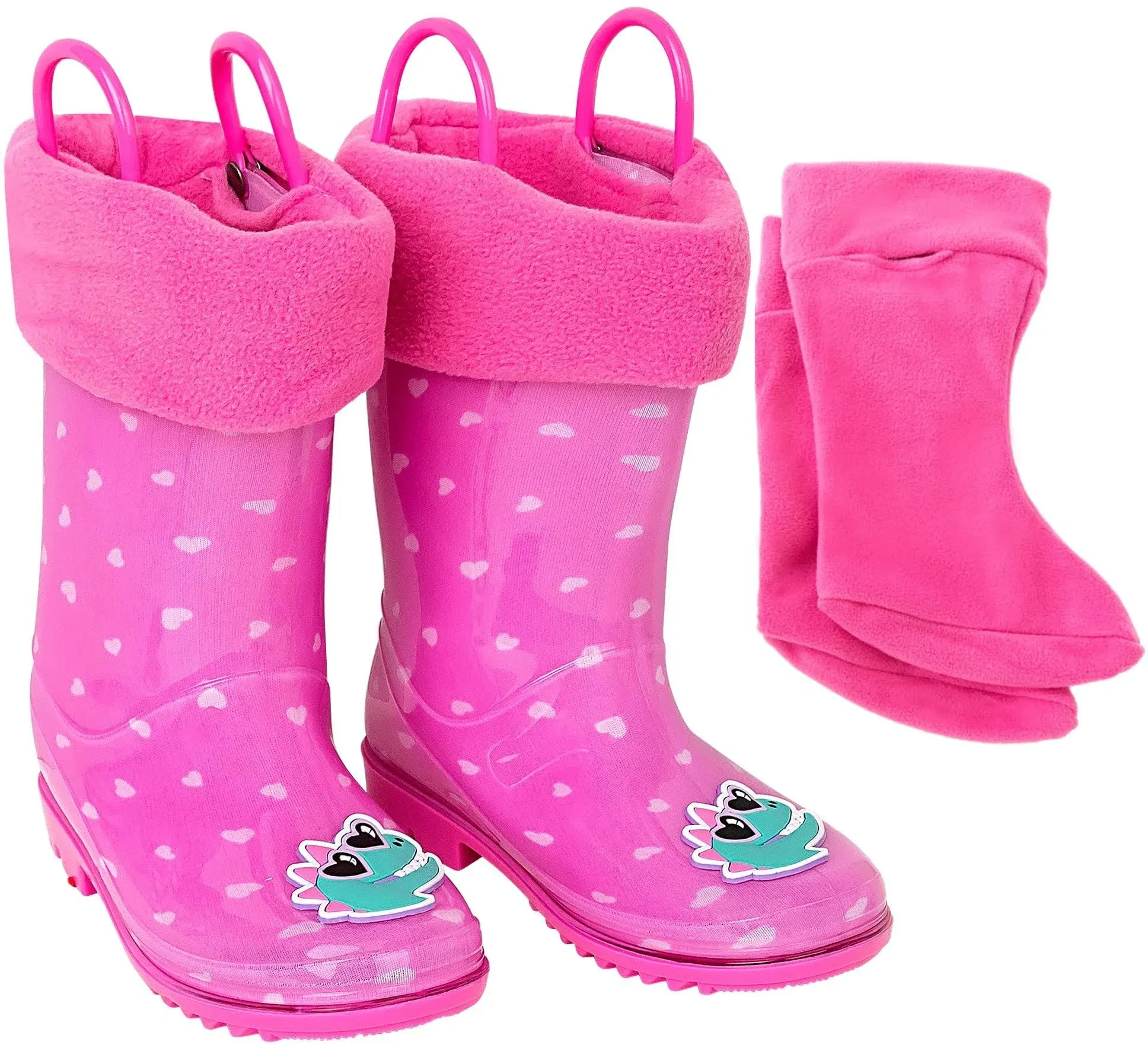 Addie & Tate Boys and Girls Rain Boots with Sock, Kids Rubber Boots- Size 8T (Dino/Hearts)