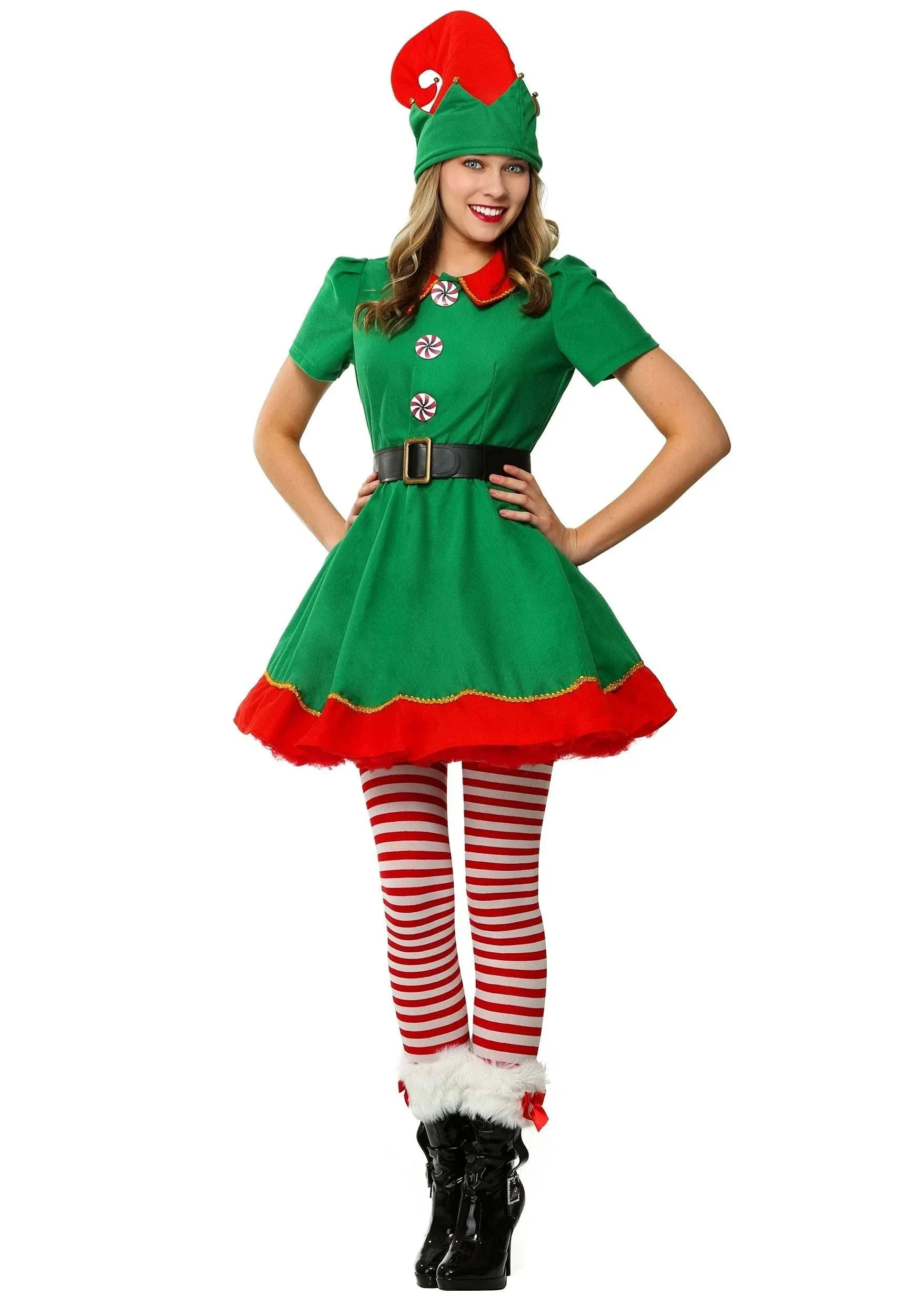 Adult Holiday Elf Costume, Women's Elf Outfit with Elf Dress, Hat, and Belt, Christmas Costume for Women