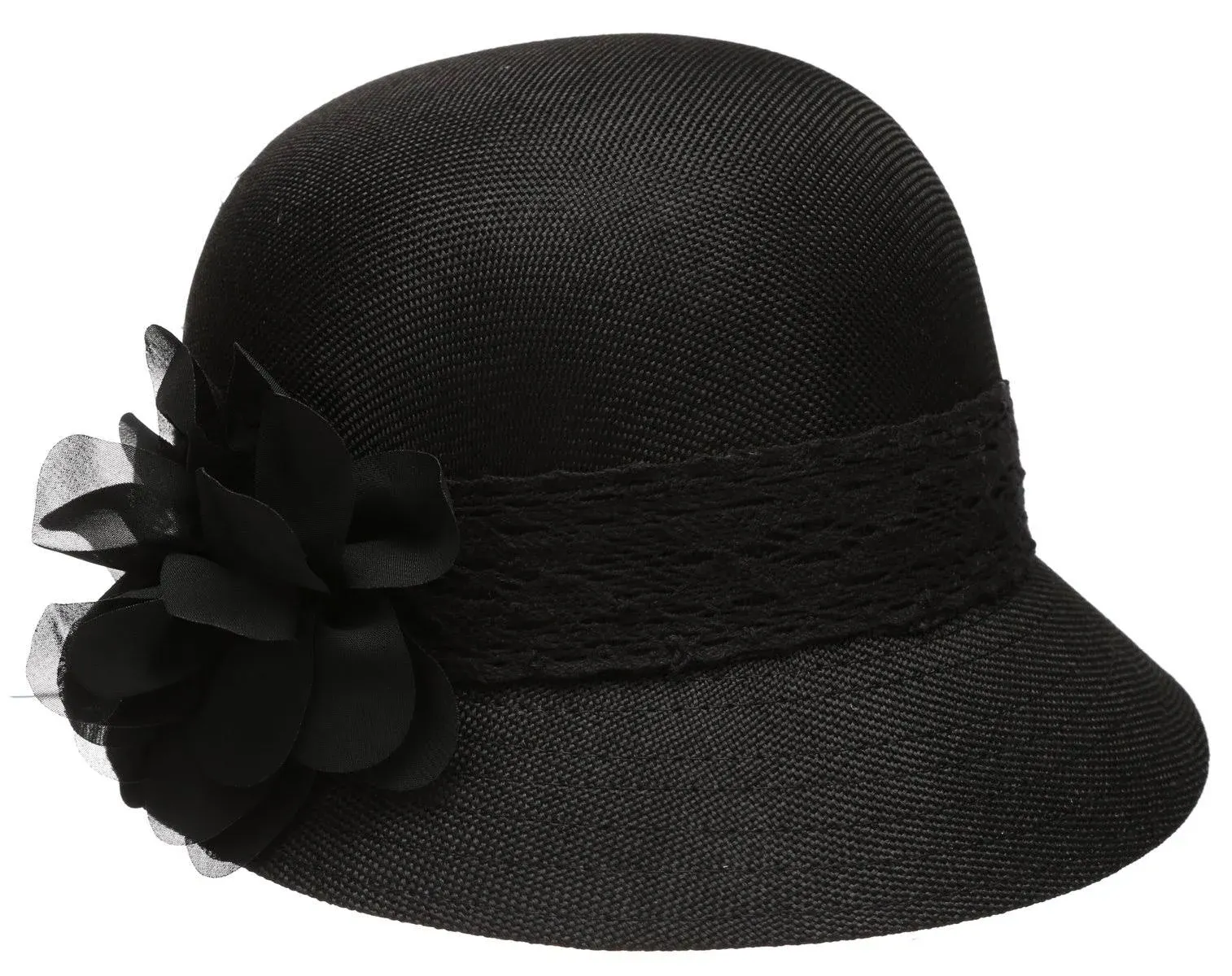 Women's Gatsby Linen Cloche Hat with Lace Band and Flower - Black