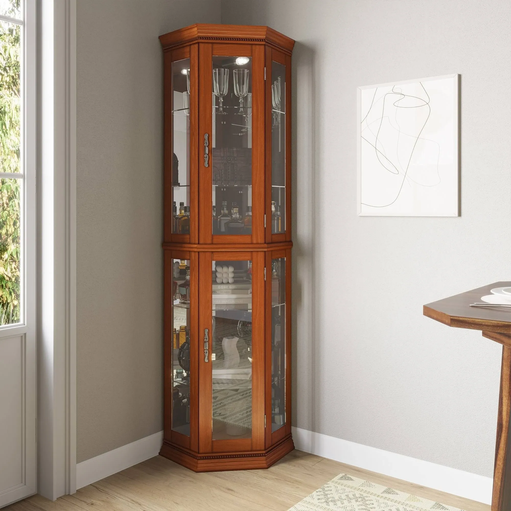 Bellize Oak 6 shelf lighted curio display case mirrored cabinet