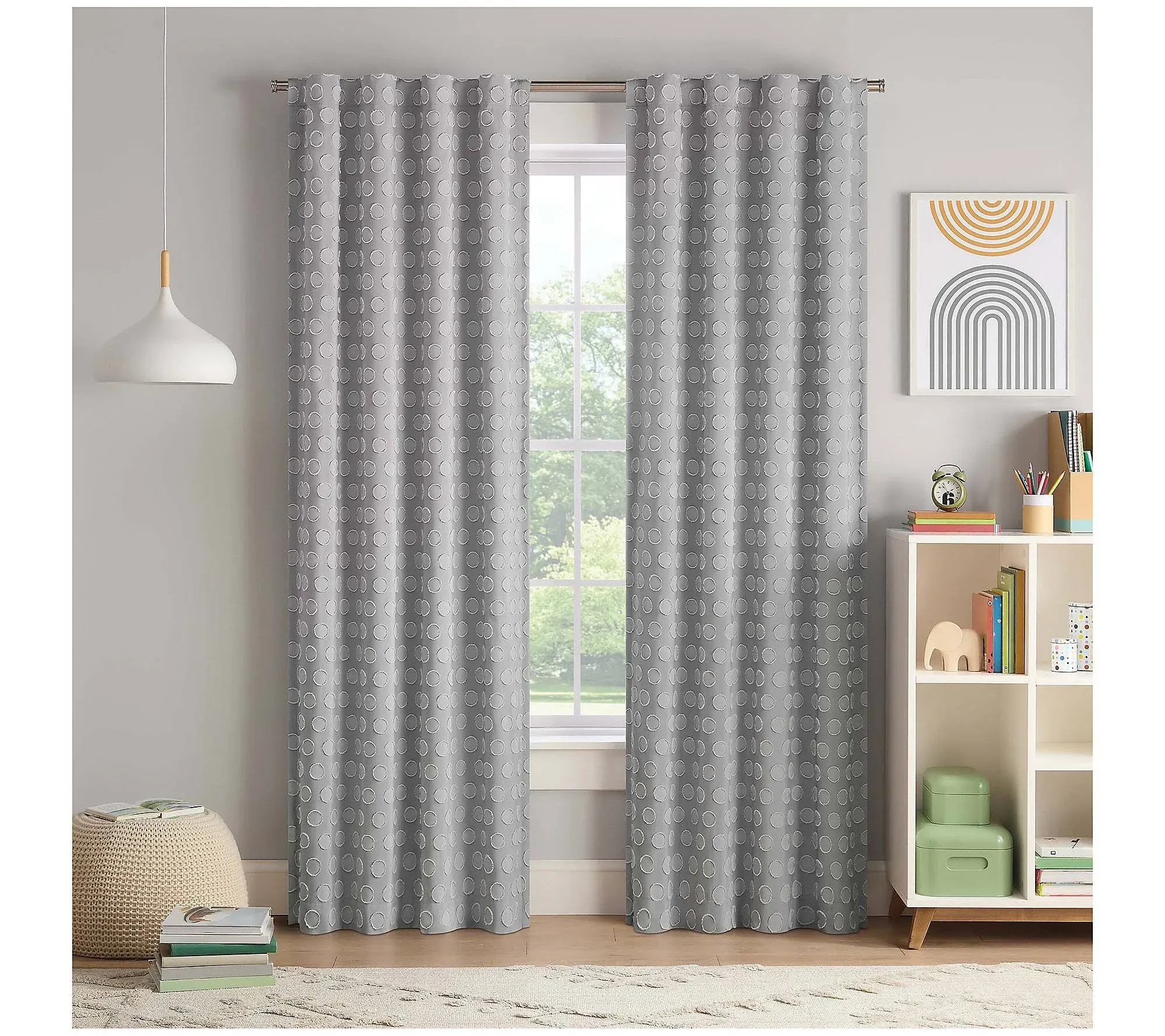 Kids Dot Clip Grey Polyester 40 in. W x 63 in. L Rod Pocket Back Tab 100% Blackout Curtain (Single Panel)