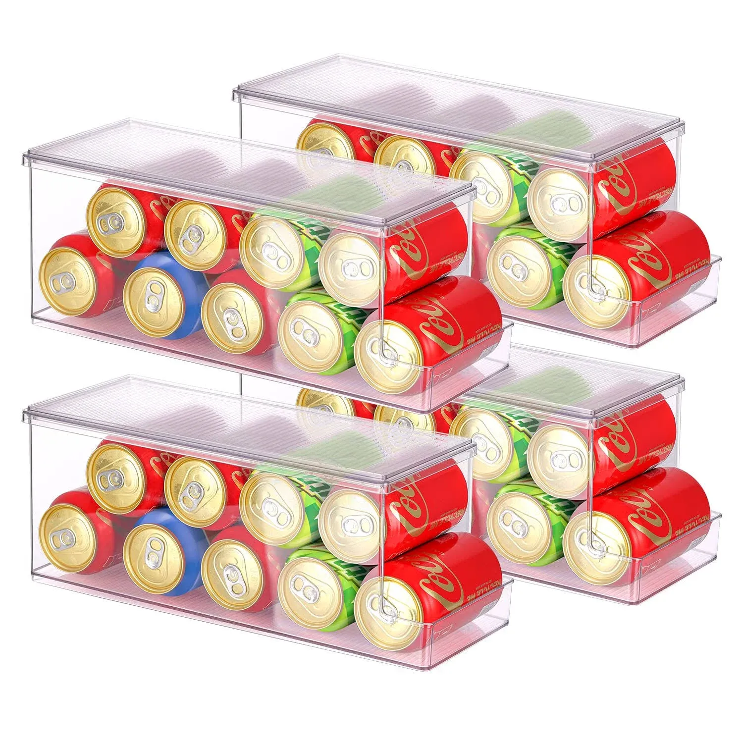 Can Drink Holder with Lid Organizer for Refrigerator, Freezer & Kitchen Cabinets - Space Saving Stackable Clear Can Organizer & Storage for Pantry Food, Canned Goods, Soda & Other Beverages (4-Pack)