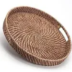 Round Rattan Woven Serving Tray with Handles Ottoman Tray for Breakfast, Drinks, Snack for Coffee Table, Home Decorative (16.9 inch, Honey Brown)