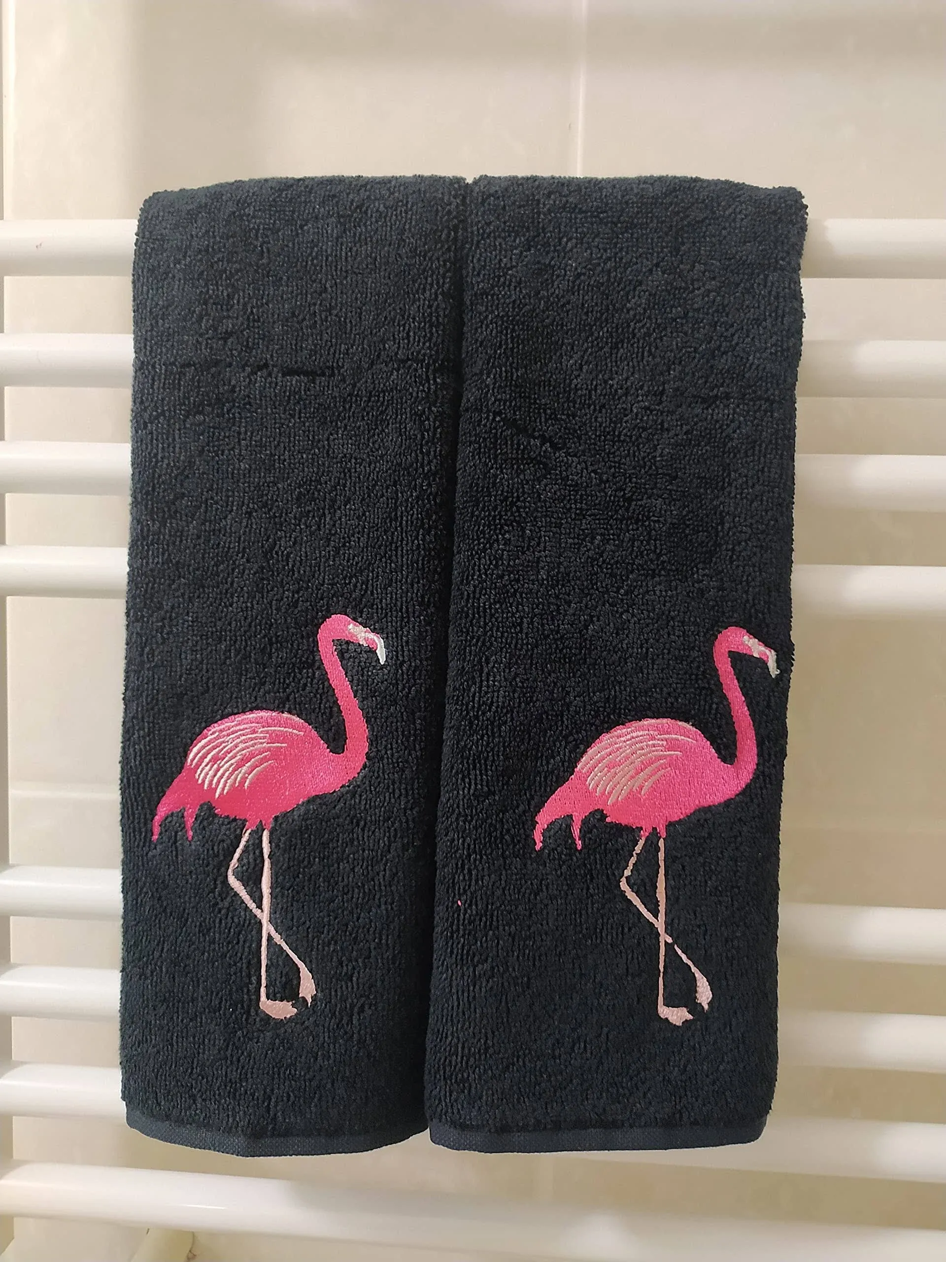 2-Pack White Flamingo Fingertip Kitchen Towels, Deluxe Premium Terry Hand Towels 100% Cotton, 11inchx18inch (Black), 11WX18L