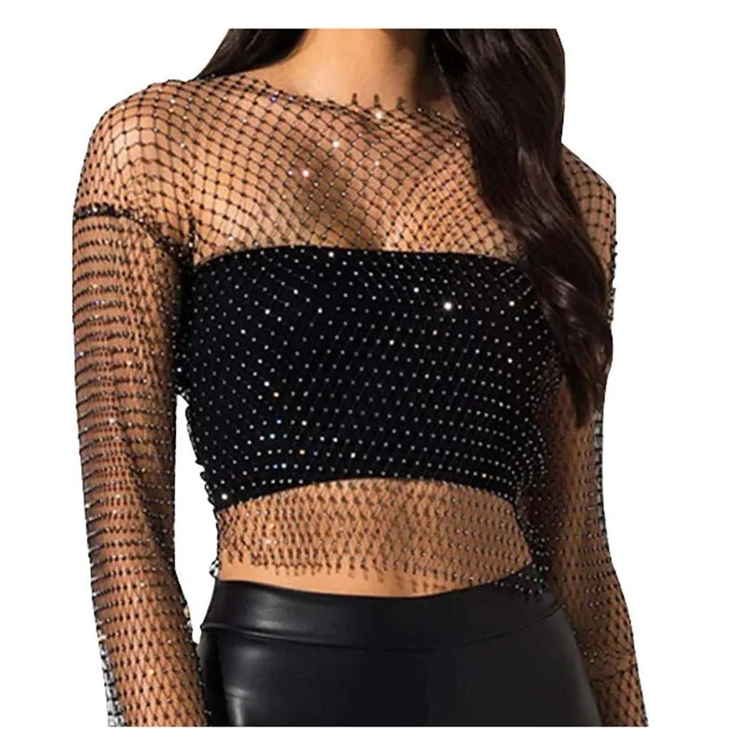 Fstrend Mesh Body Chains Crystal Long Sleeve Fishnet Crop Tops Rhinestone See ...