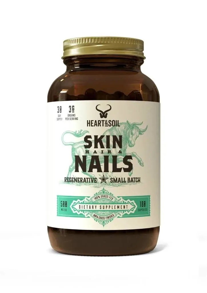 HEART & SOIL - Skin, Hair & Nails Supplement - Hair Skin and Nails Vitamins - Enriched with Biotin, Collagen, Vitamins A & E, Riboflavin, Elastin & More - 180 Capsules