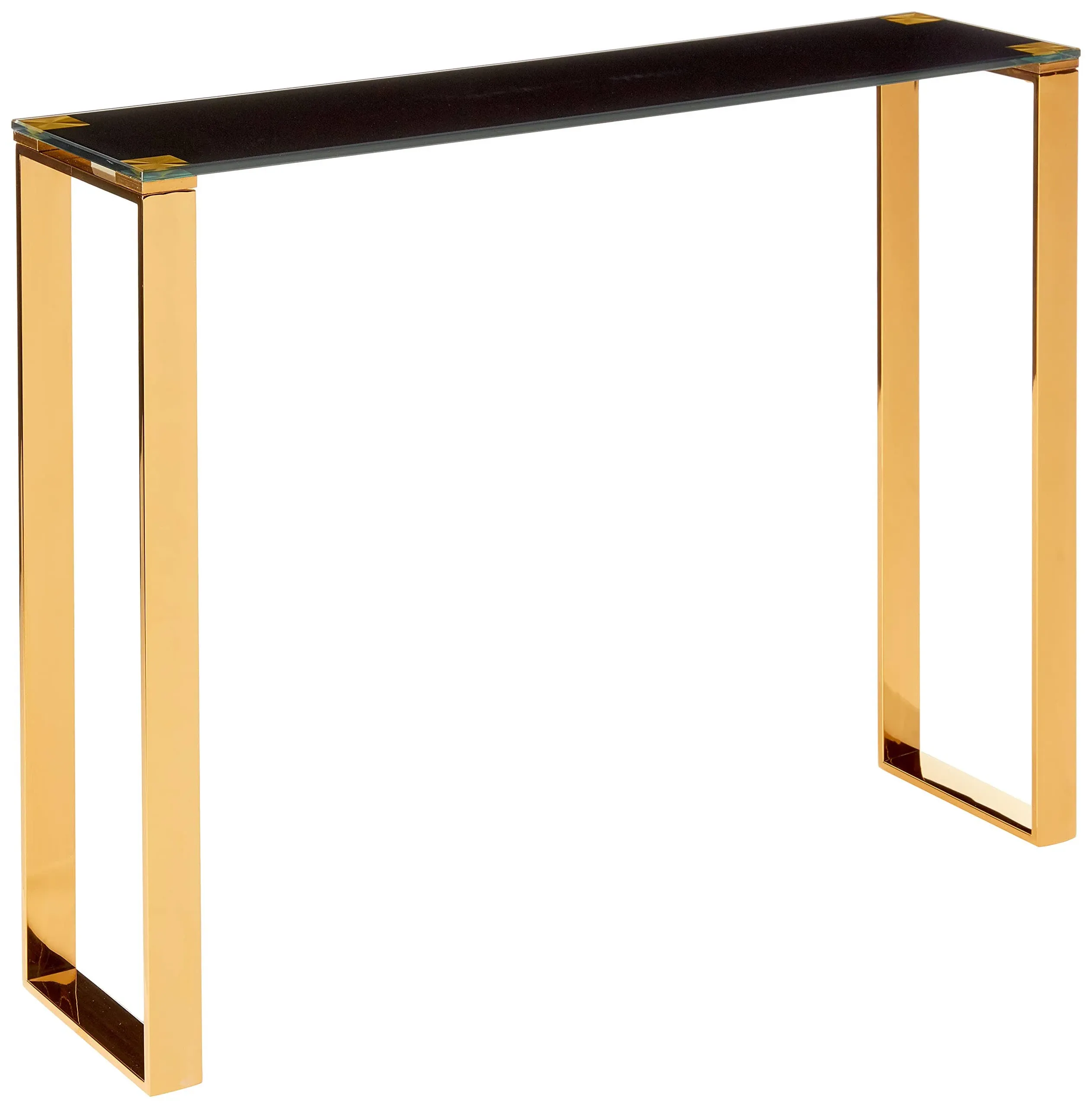 Cortesi Home Remini Narrow Contemporary Glass Console Table in Polished Gold Finish, Black Glass