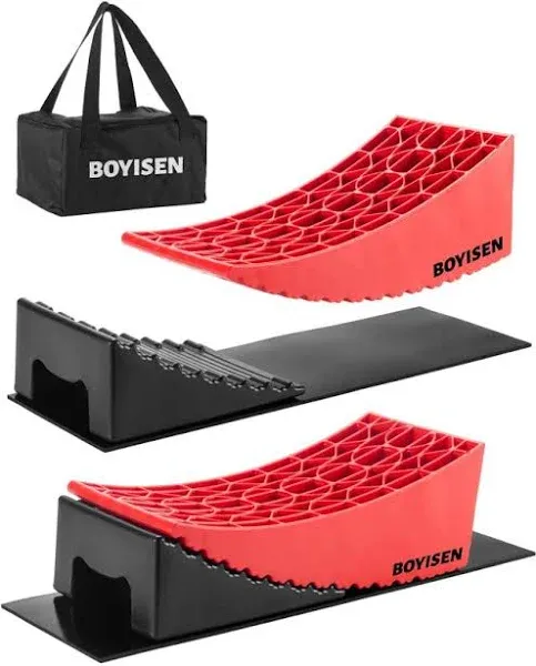 BOYISEN Camper Levelers 2 Pack - RV Leveling Blocks Ramp Kit Support Dual Axles Tandem Wheel Up to 35,000lbs RV Levelers with 2 Levelers 2 Chocks 2 Anti-Slip Mats and Carrying Bag Black