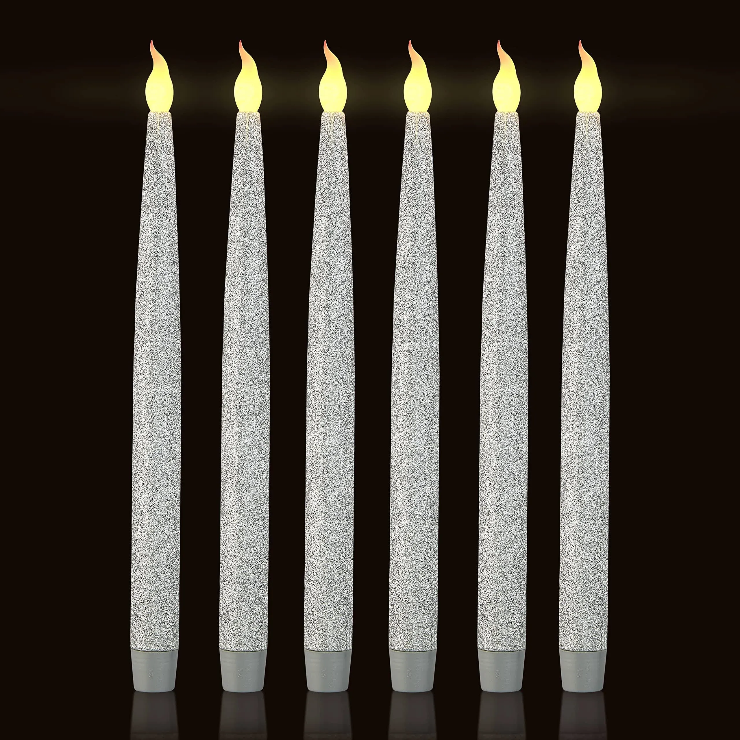 FURORA LIGHTING Silver Glitter LED Candles - Flickering Flameless Taper Candles with 6/18 Hour Timer, Battery Operated for Safety and Elegance, Pack of 6