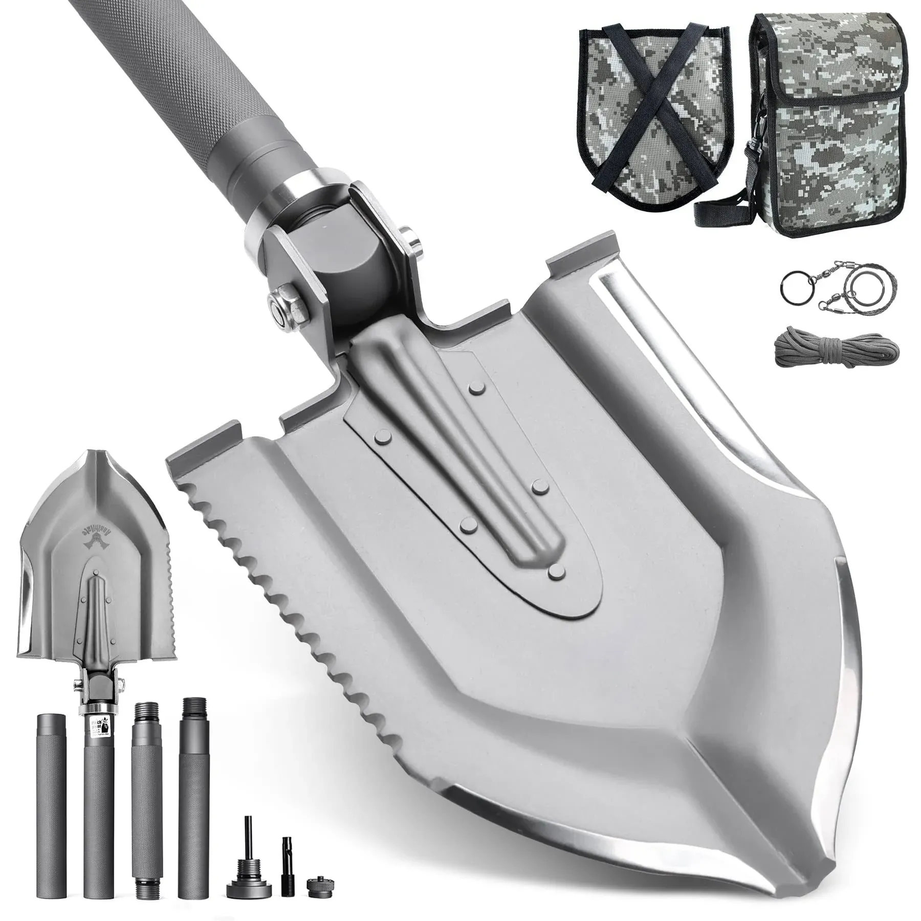 Zune Lotoo Camping Shovel Folding Multitool 18 in 1 Tactical Shovel Survival kit High-Carbon Steel Compact Spade Collapsible A-F1 for Lightweight Hiking Shovel Survivalist and Emergency with Bag