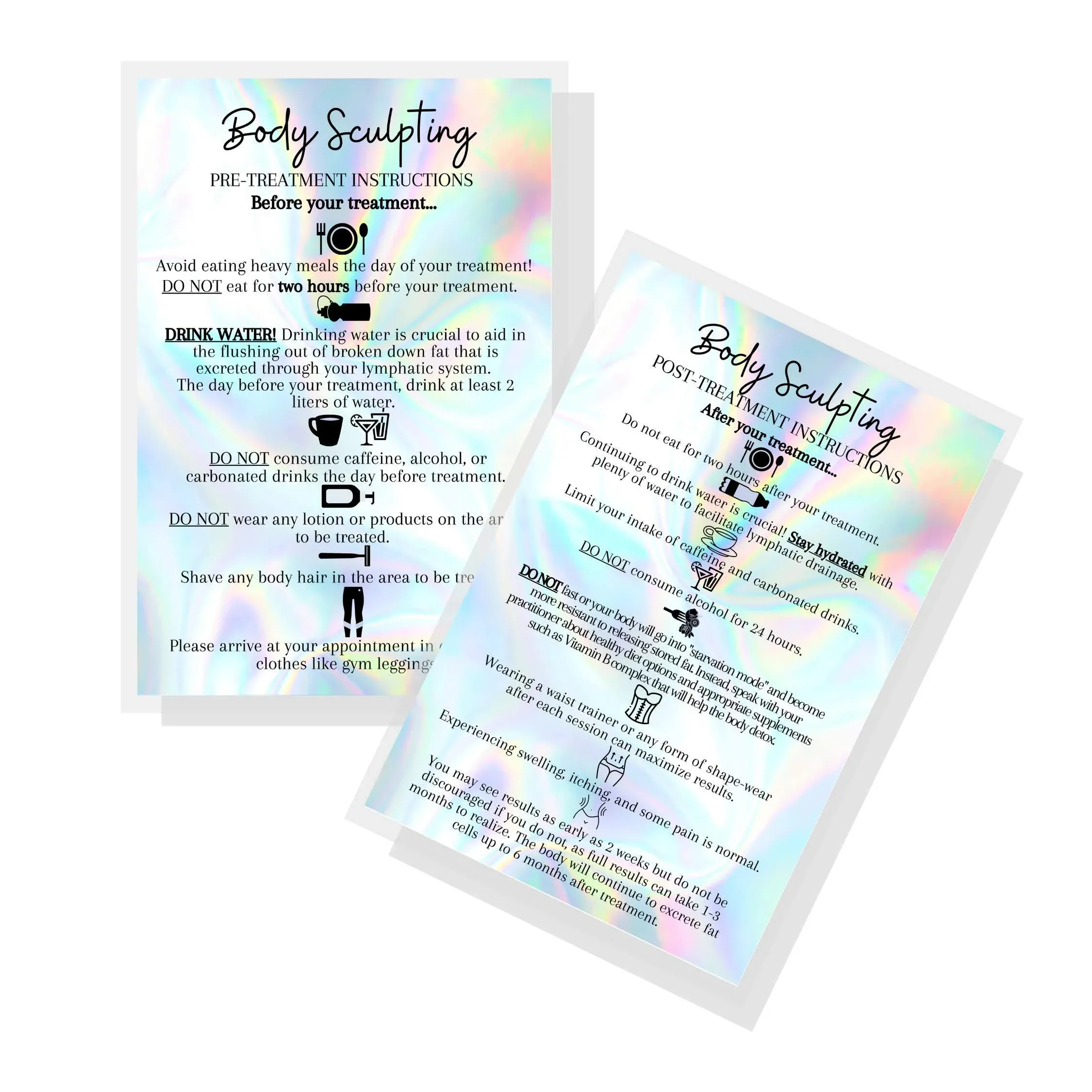 Body Sculpting Pre and Post Treatment Information Cards  30 Pack  4x6 inch Large Postcard Size  Holographic Look Design