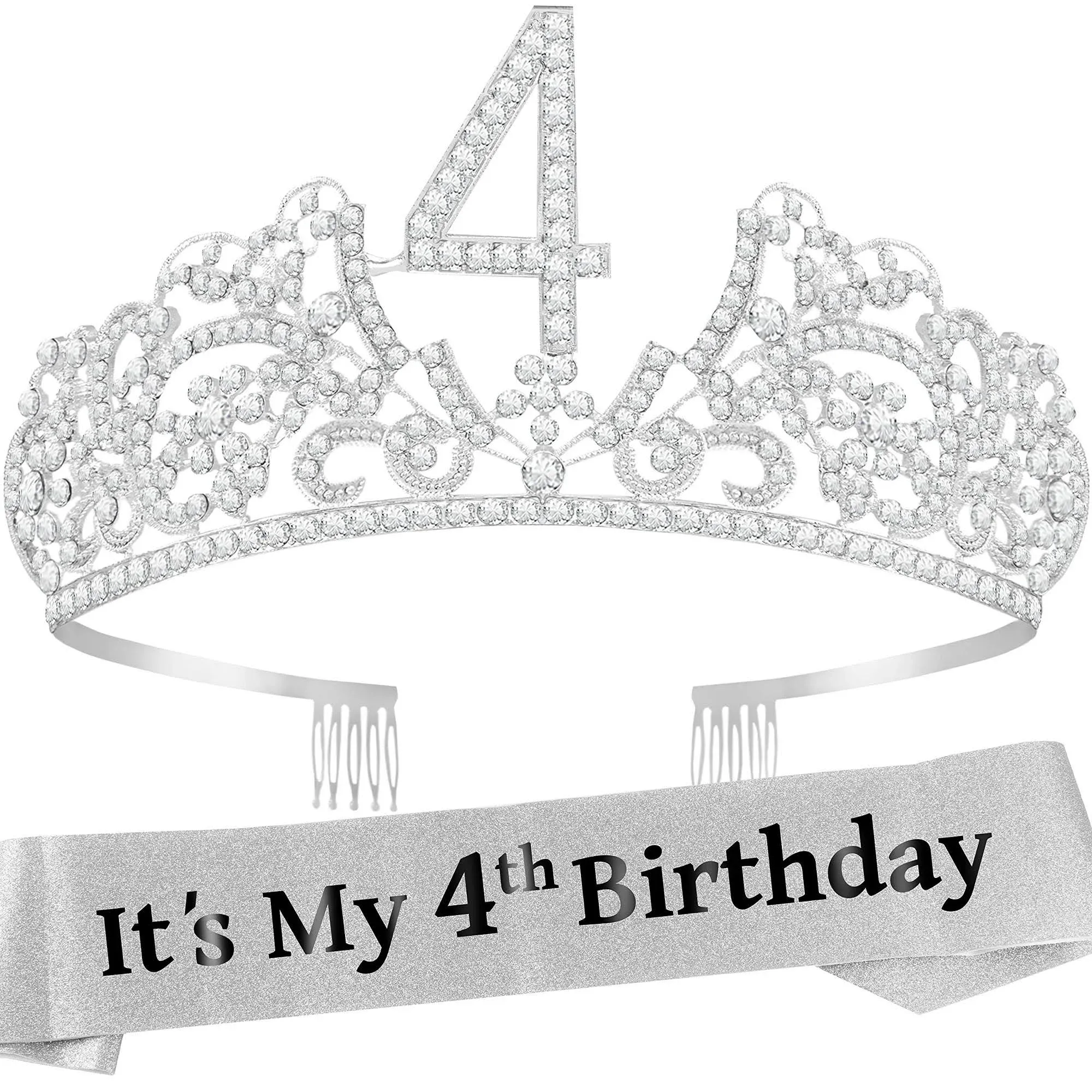 VeryMerryMakering 4th Birthday Sash and Tiara for Girls - Fabulous Glitter Sash + Flowers Rhinestone Premium Metal Tiara for Girls, 4th Birthday Gifts for Princess Party