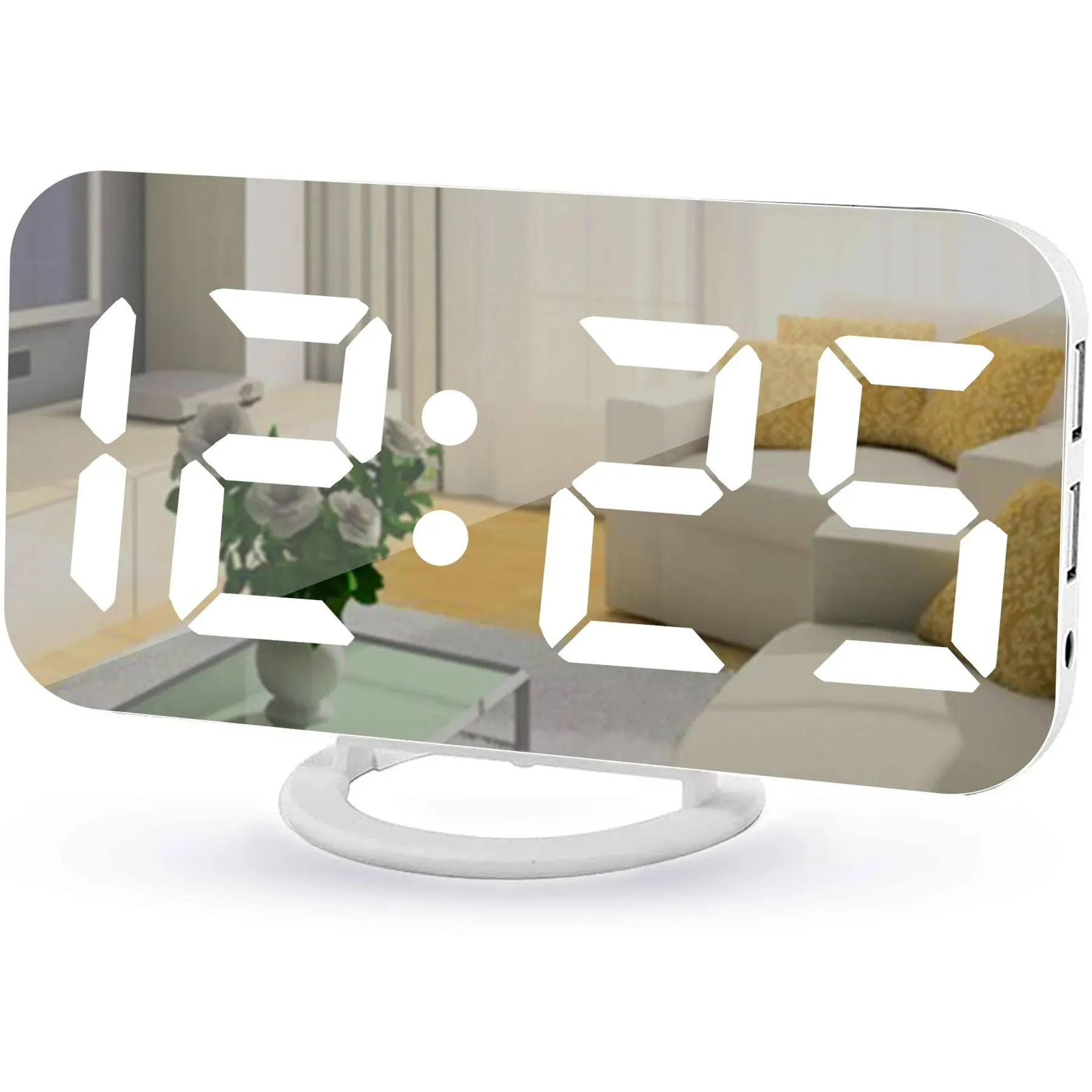 Digital Alarm Clock7&#034; LED Mirror Electronic Clockswith 2 USB Charging PortsSn...