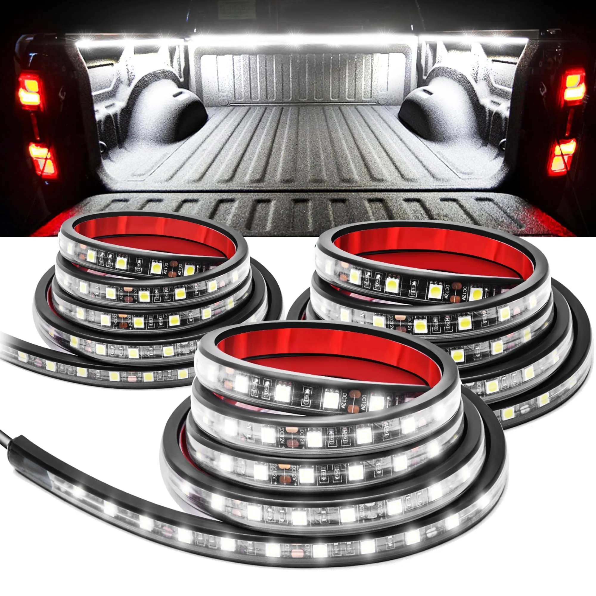 MICTUNING 3pcs 60 inch Truck Bed Lights - White Waterproof LED Light Strip with On-Off Switch Fuse Splitter Cable Compatible for Truck Jxxp Pickup