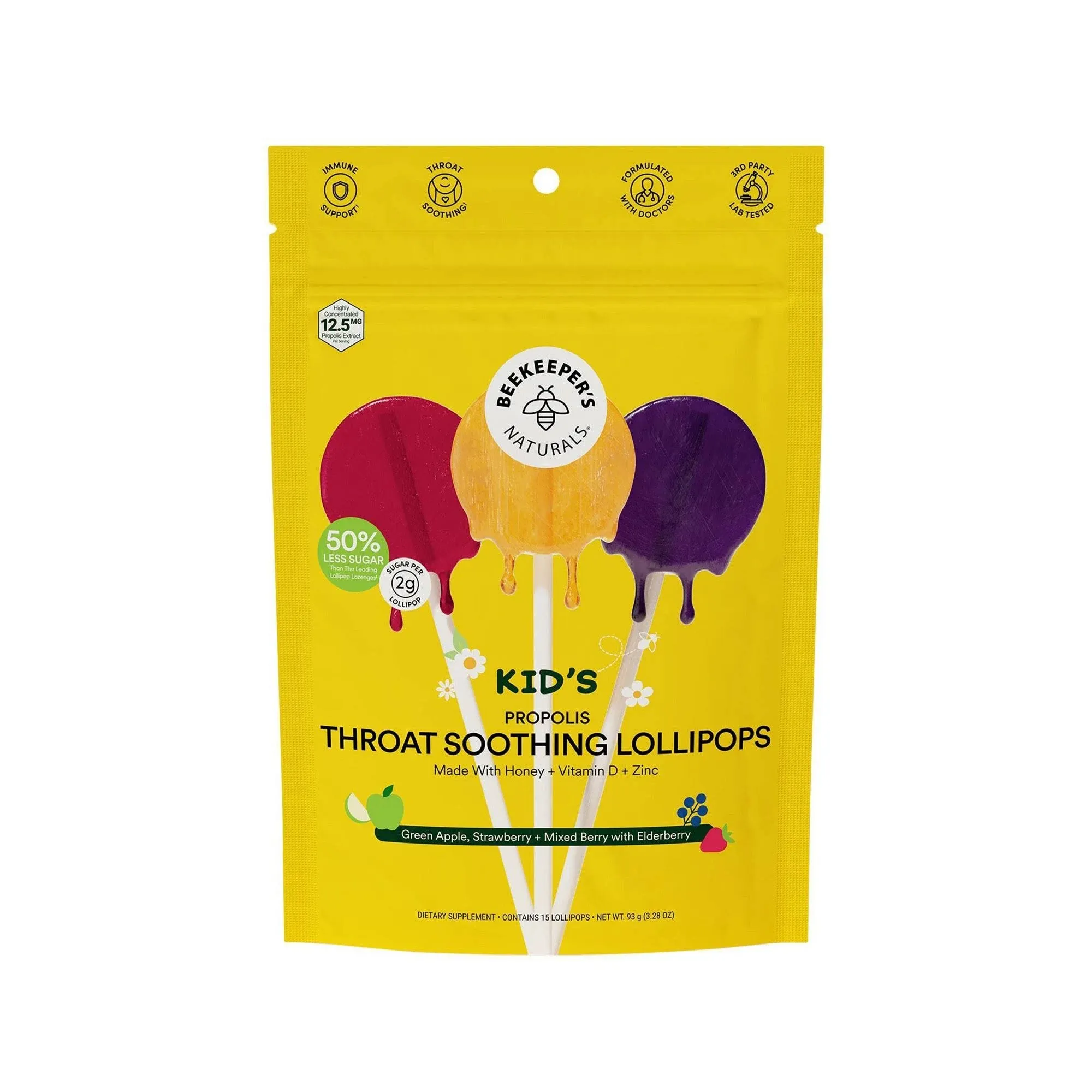 Beekeeper's Naturals Kids Propolis Throat Soother Lollipops, Assorted (0.21 oz, 15 ct)