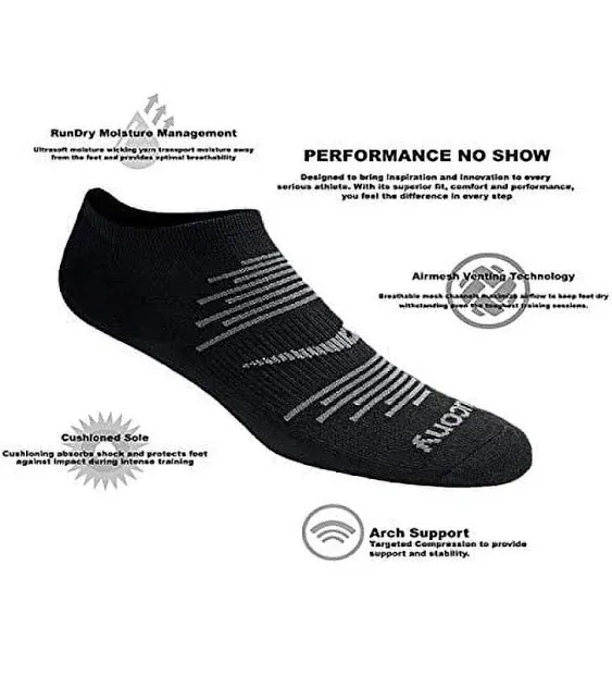 Saucony Men's RunDry Bolt Performance No-Show Socks, Available in M-XXL (6, 12, 18 Pairs)