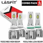 Lasfit 9005 + 9006 LED Headlight Bulbs Combo High & Low Beam Bulbs 100W 10000lm 6000K White | 4 Bulbs, Size: 9006 HB4 9005 HB3