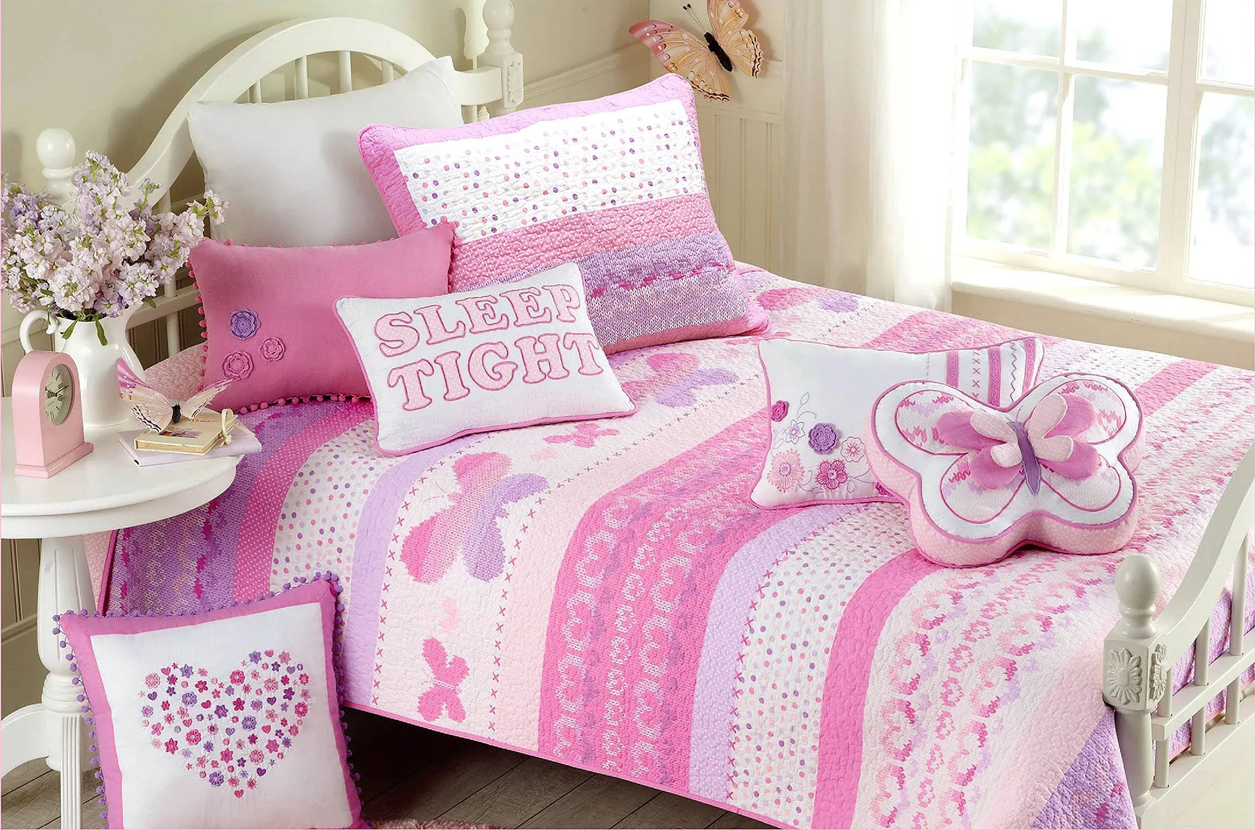 Cozy Line Home Fashions Pink Butterfly Knit 100% Cotton Reversible Quilt Bedding Set, Coverlet, Bedspreads (Queen - 6 Piece: 1 Quilt + 2 Standard Shams + 3 Decorative Pillows)