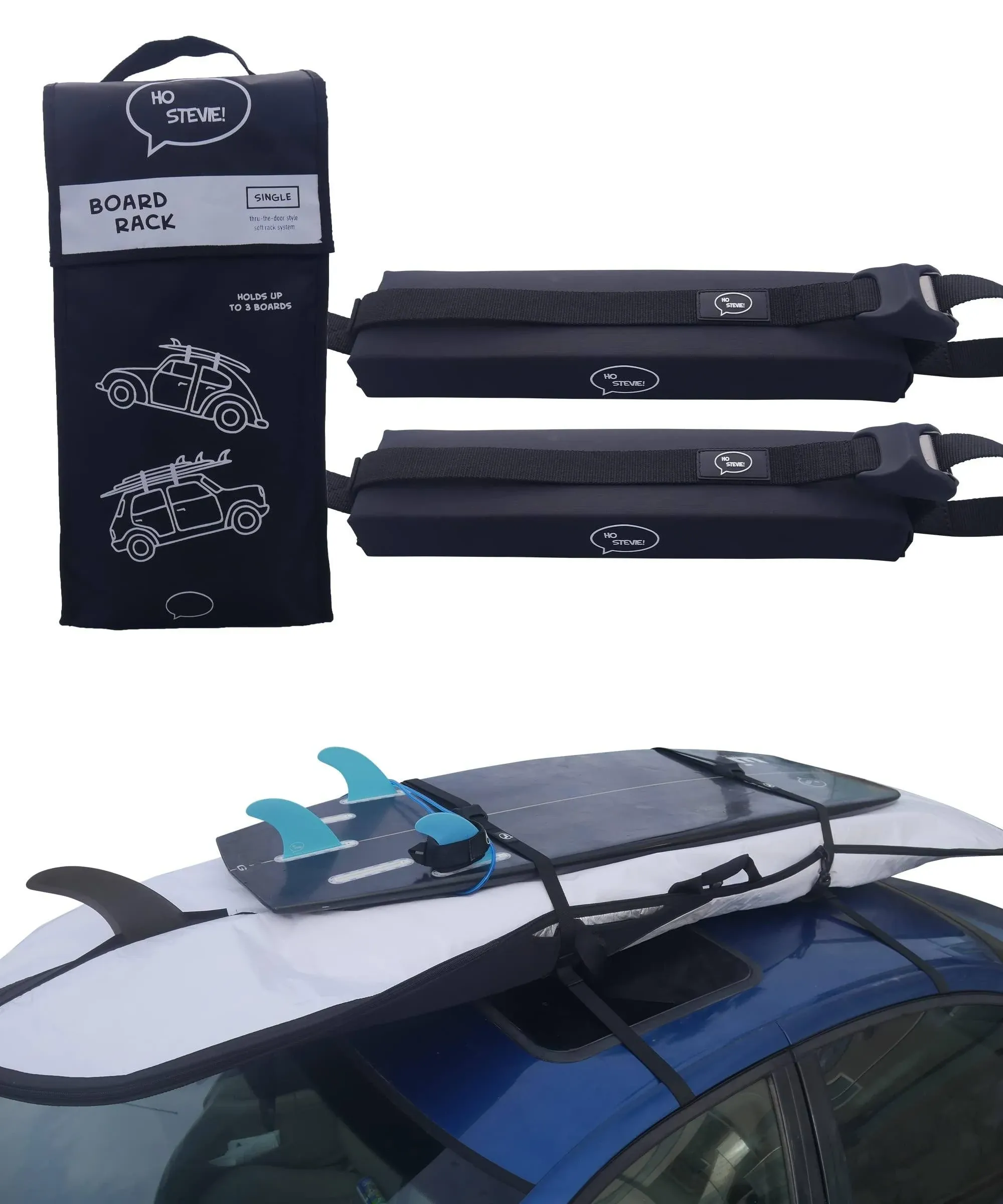 HO Stevie! Surfboard Car Roof Rack Padded System (Holds Up to 3 Boards) with Silicone Buckle Covers