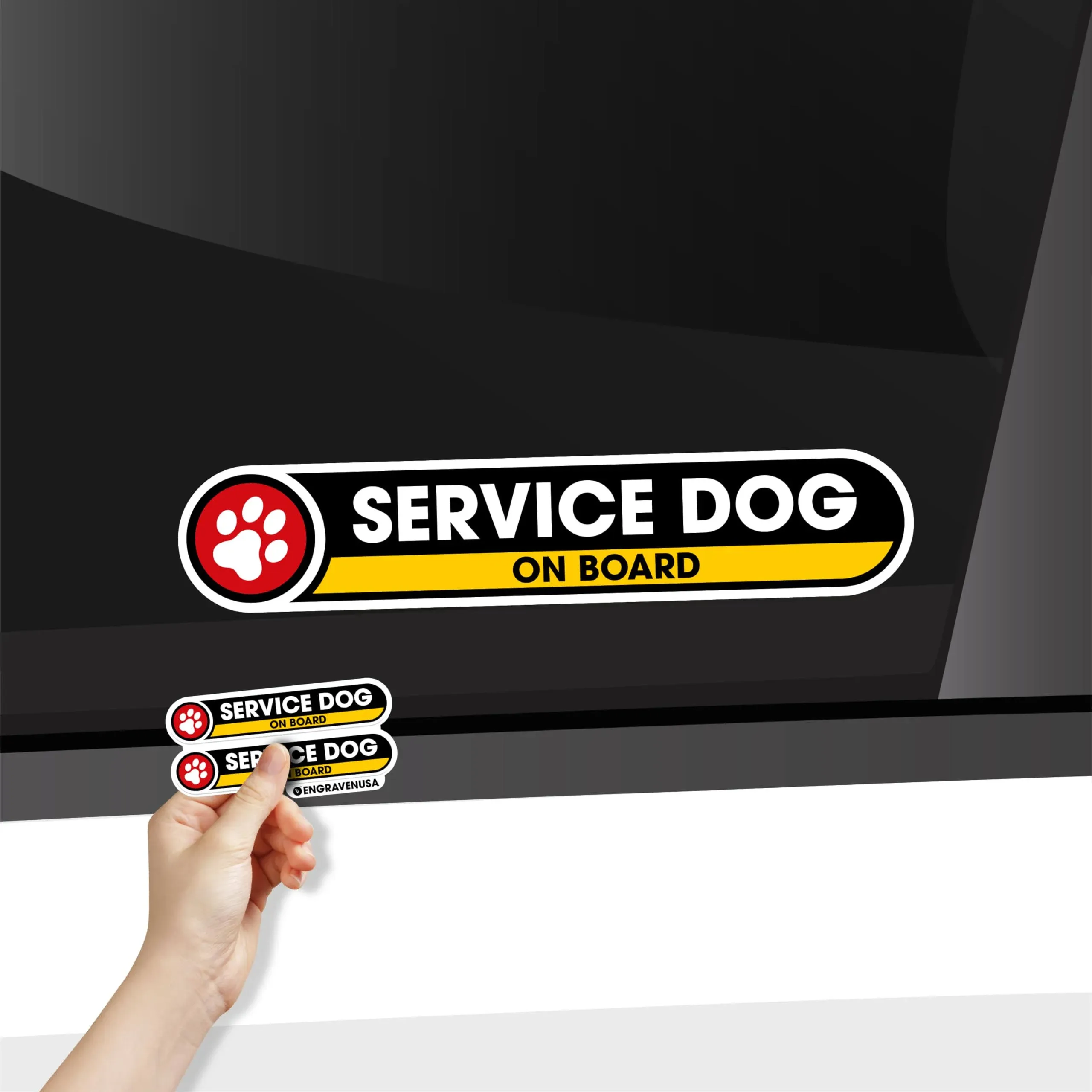 Service Dog on Board Small Sticker for Cars | Service Dog in Car Small Safety Sign | 2 Pack Self Adhesive Car Sticker | Waterproof Safety Car Sticker | Glossy Laminated Vinyl 1x5 Inches (Small)