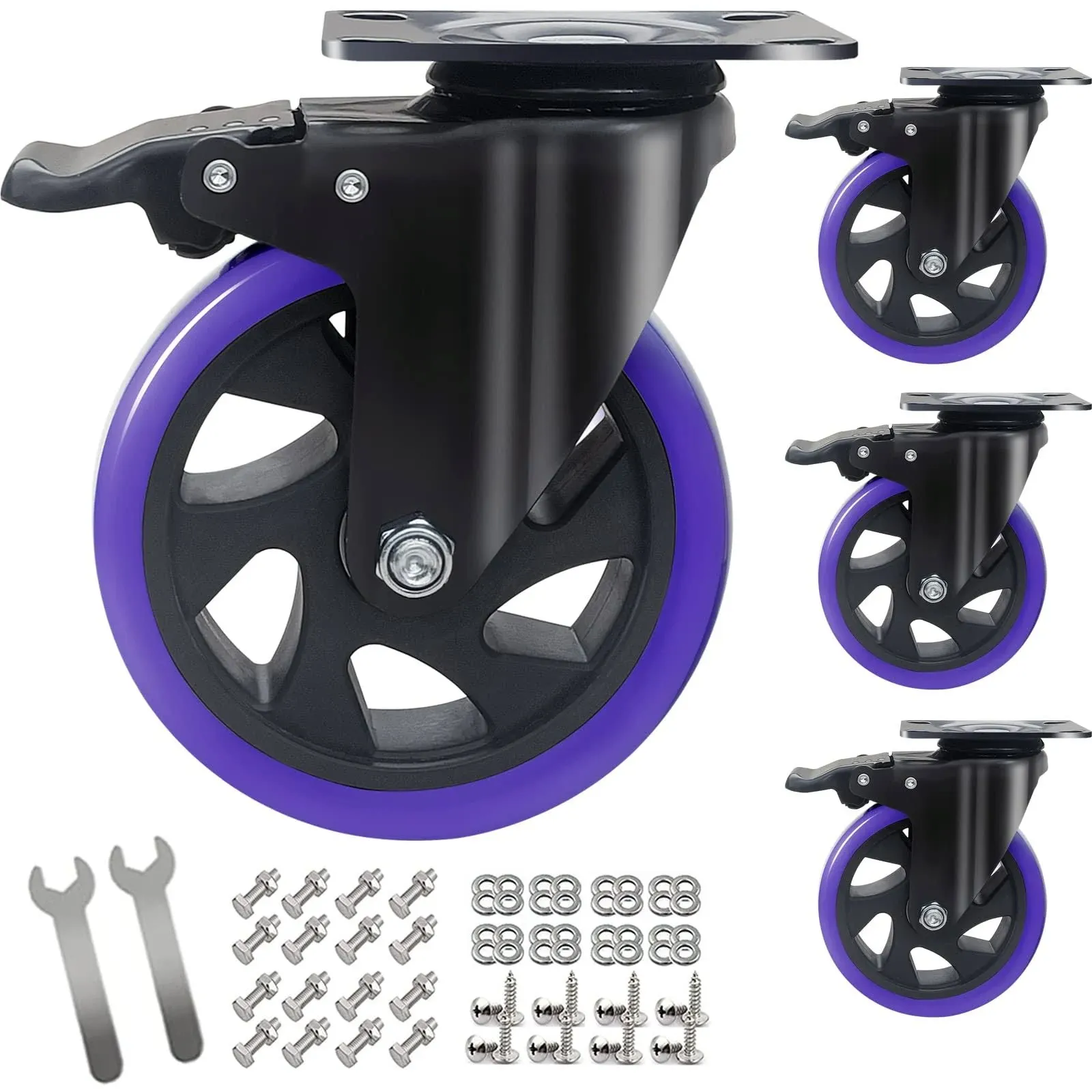 5 Inch Caster Wheels with Brake, Heavy Duty Casters Set of 4 2200lbs, Swivel Casters with Double Ball Bearings, Dual Locking Casters,Wheels for Cart,Furniture,Cabinets,Workbench (Two Hardware Kits