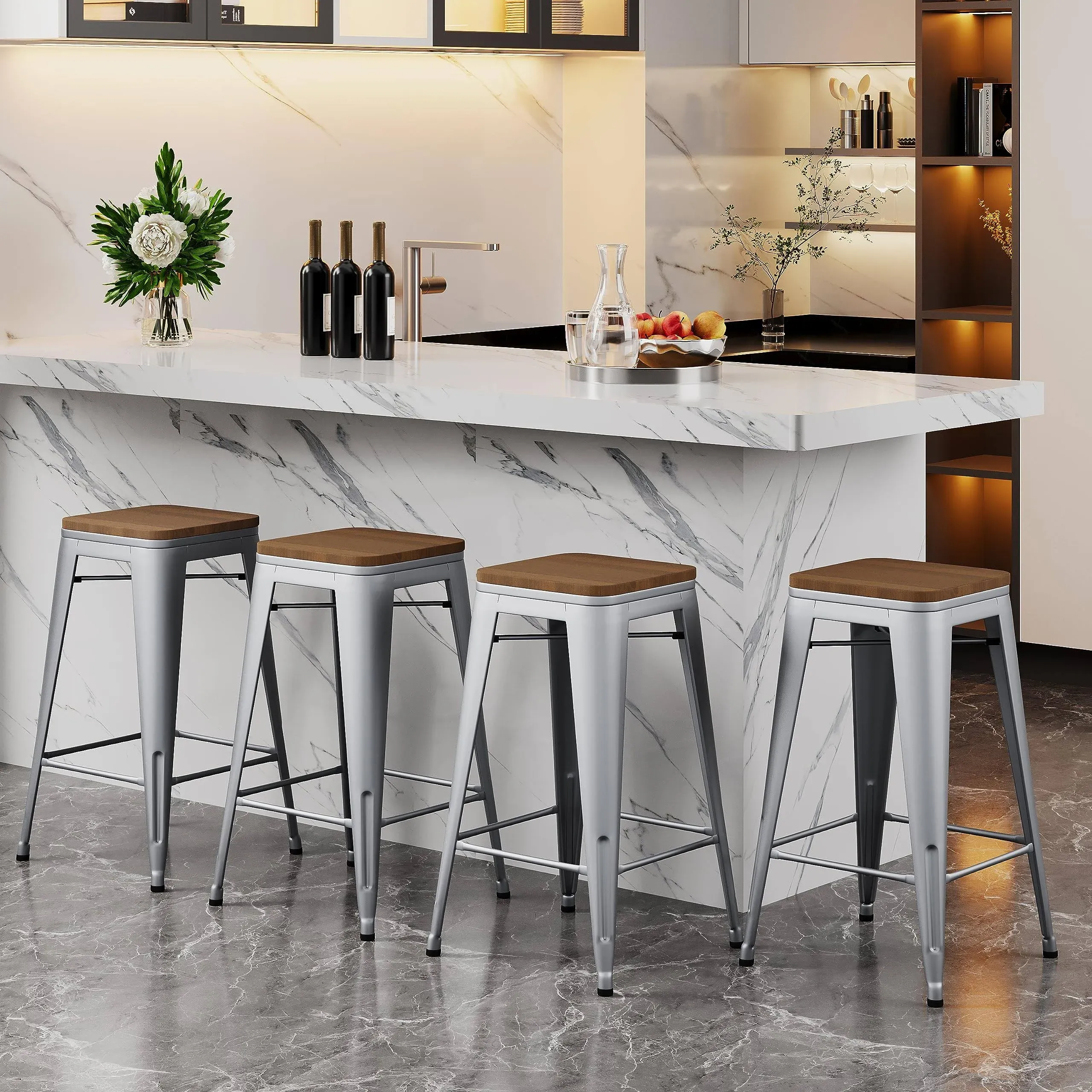 Alunaune 24" Metal Counter Height Bar Stools Set of 4 Industrial Backless Kitchen ...