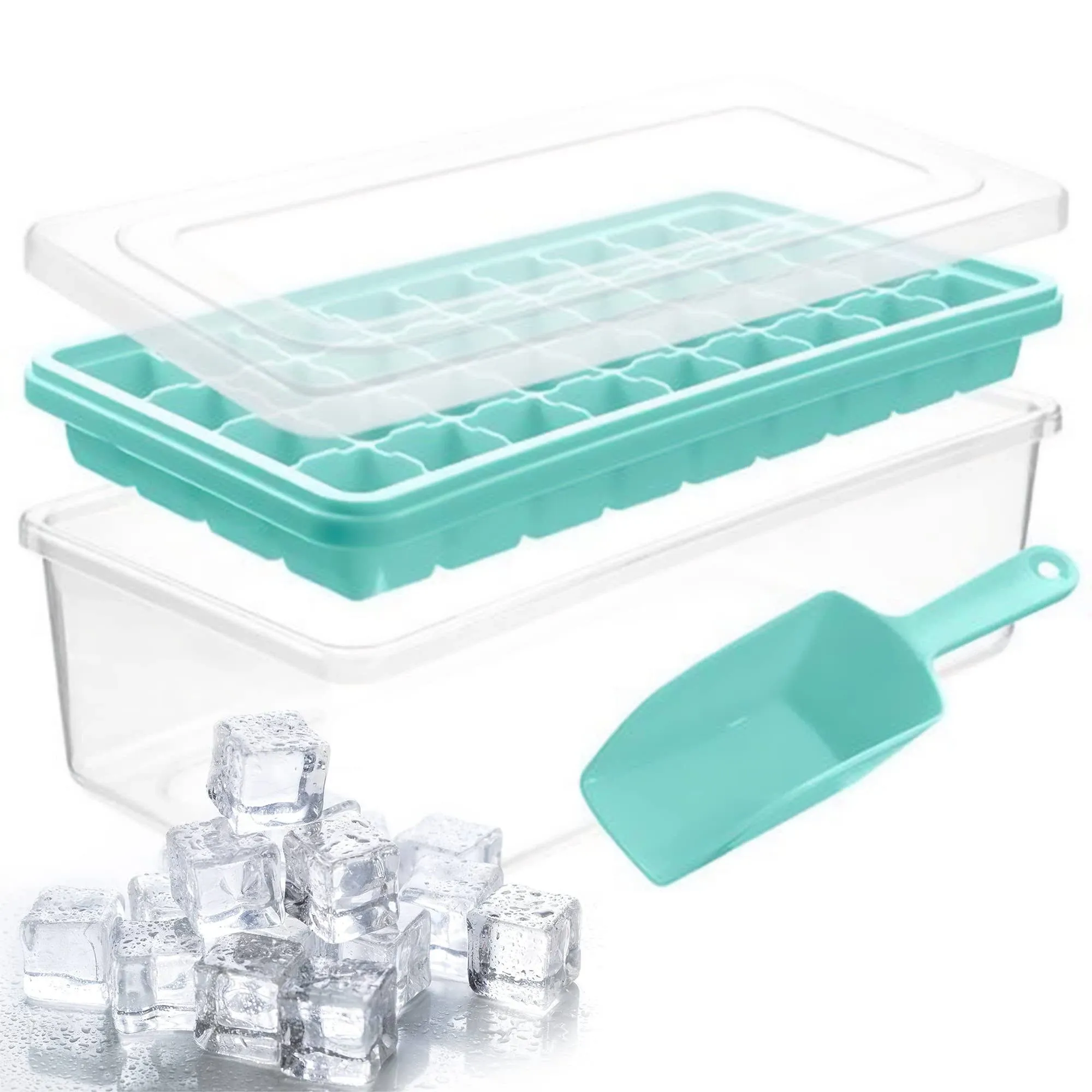 Ice Cube Tray With Lid & Bin | BPA Free Silicone Ice Cube Tray With Lid, Container & Scoop | Stackable 36 Nugget Ice Tray for Freezer With Easy Release | Large Ice Mold Maker for Cocktails & Whisky