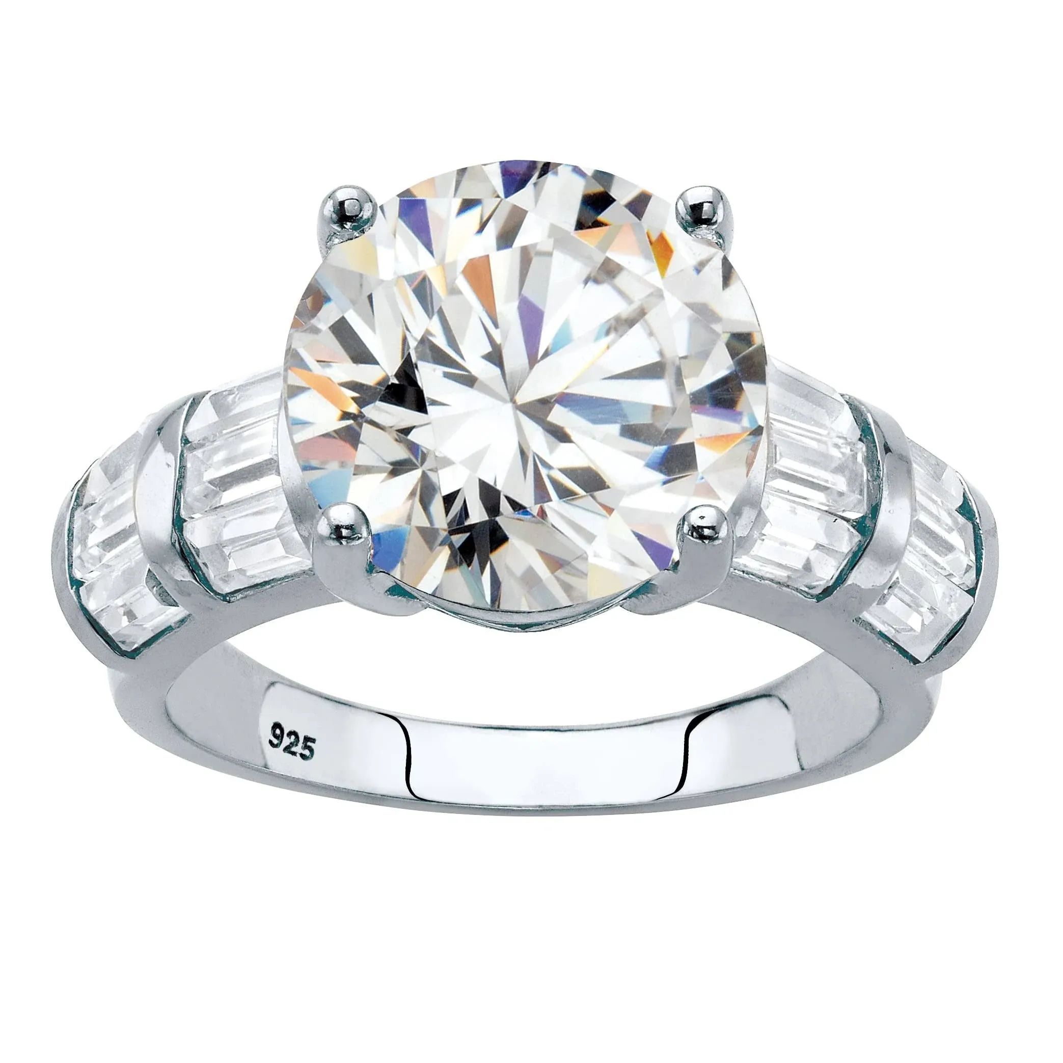 Round Cubic Zirconia and Baguette Accents Engagement Ring 7.44 TCW in Platinum-plated Sterling Silver 