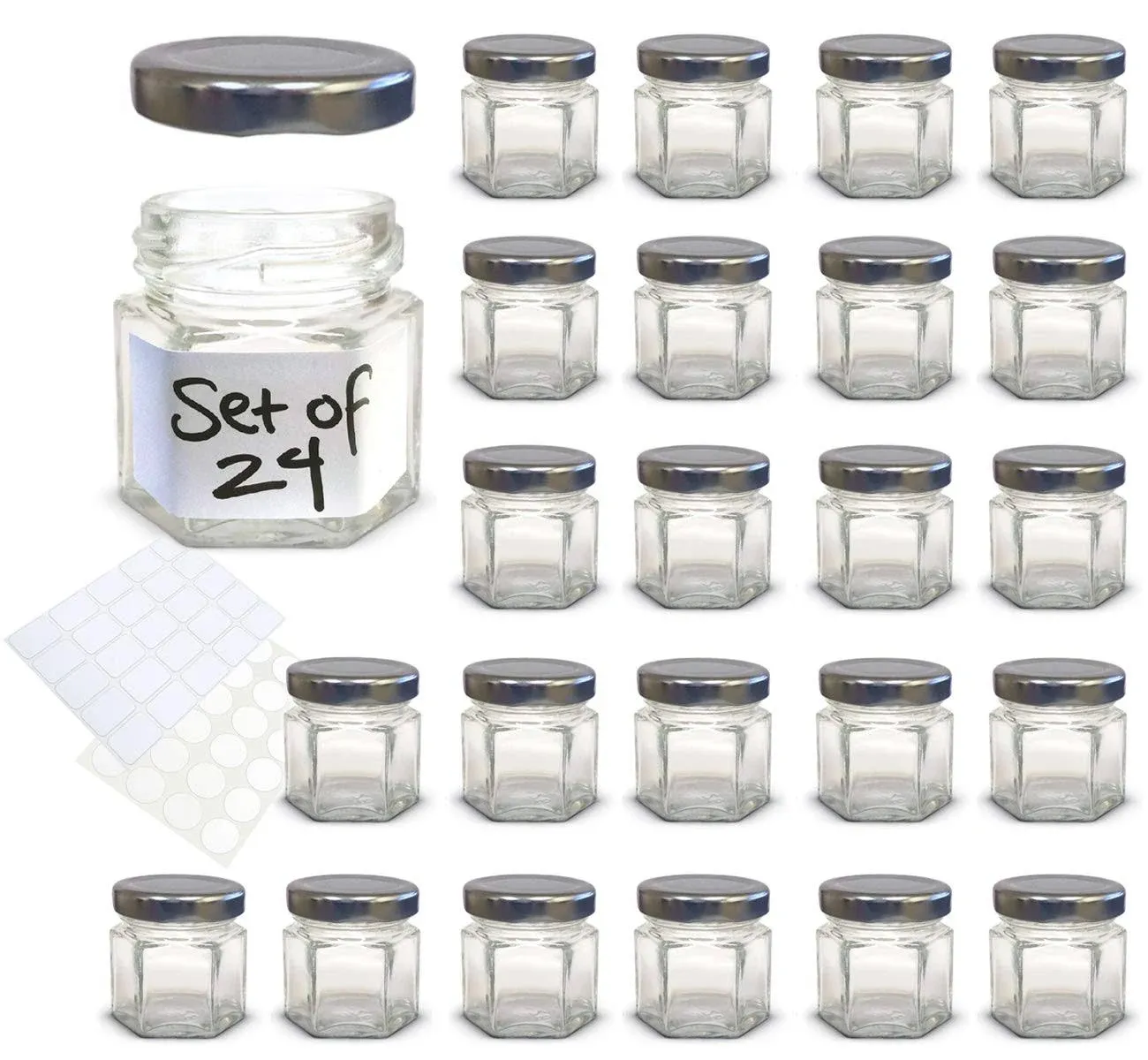 Silver Glass Jars (Pack of 24) | Hexagon | 1.5 oz | Lids | Labels