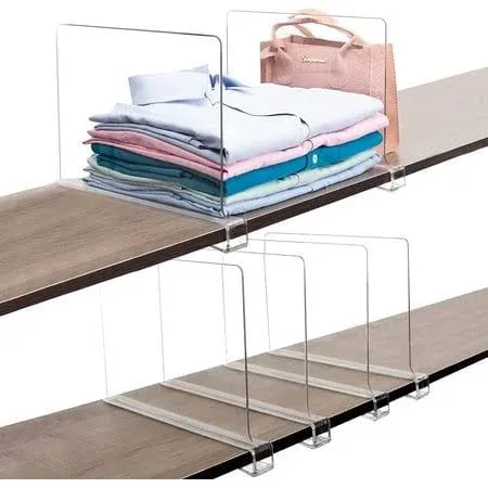 6 Pcs Acrylic Shelf Dividers (Shelves Less Than 0.8" Thick) for Closet Organization Clear Closet Shelf Divider for Closets Book Shelves Purse and Sweater Organizer Craft Room Organizers