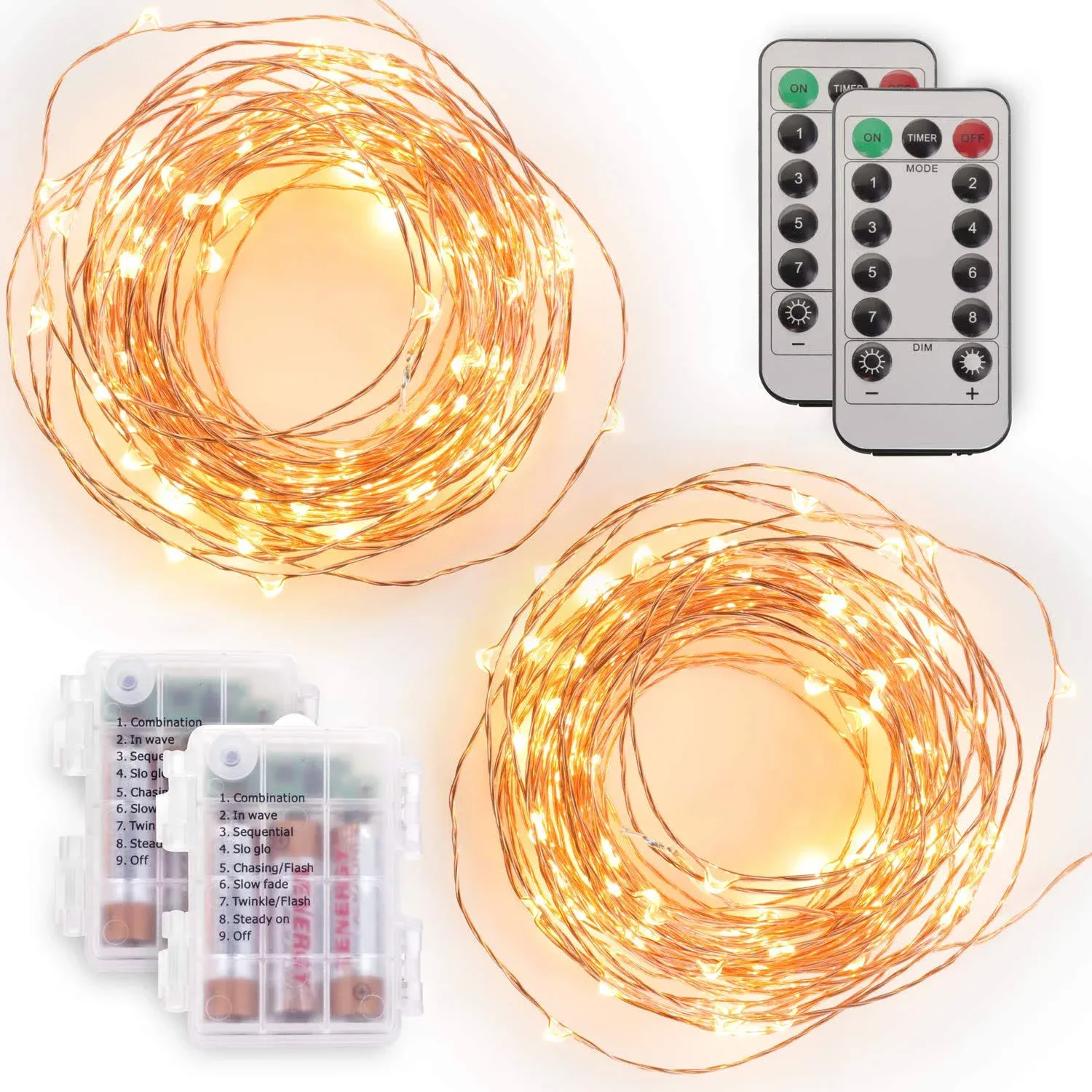 Tenergy 2 Pack Battery Operated LED String Lights, Includes 6 AA Batteries, 16.5ft Light String 50 Dimmable LEDs, Remote Control, Outdoor Ready for Christmas Decorations, Wedding Decor, UL Certified