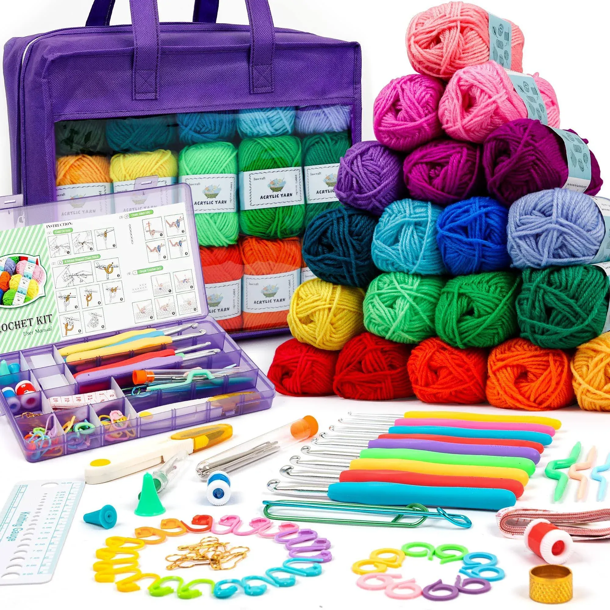 Inscraft Crochet Yarn Kit for Beginners Adults & Kids, Includes 1650 Yards 30 Colors Acrylic Skeins, Hooks, Purple Bag etc, Make Amigurumi & Crocheting Projects, Starter Set for Professionals