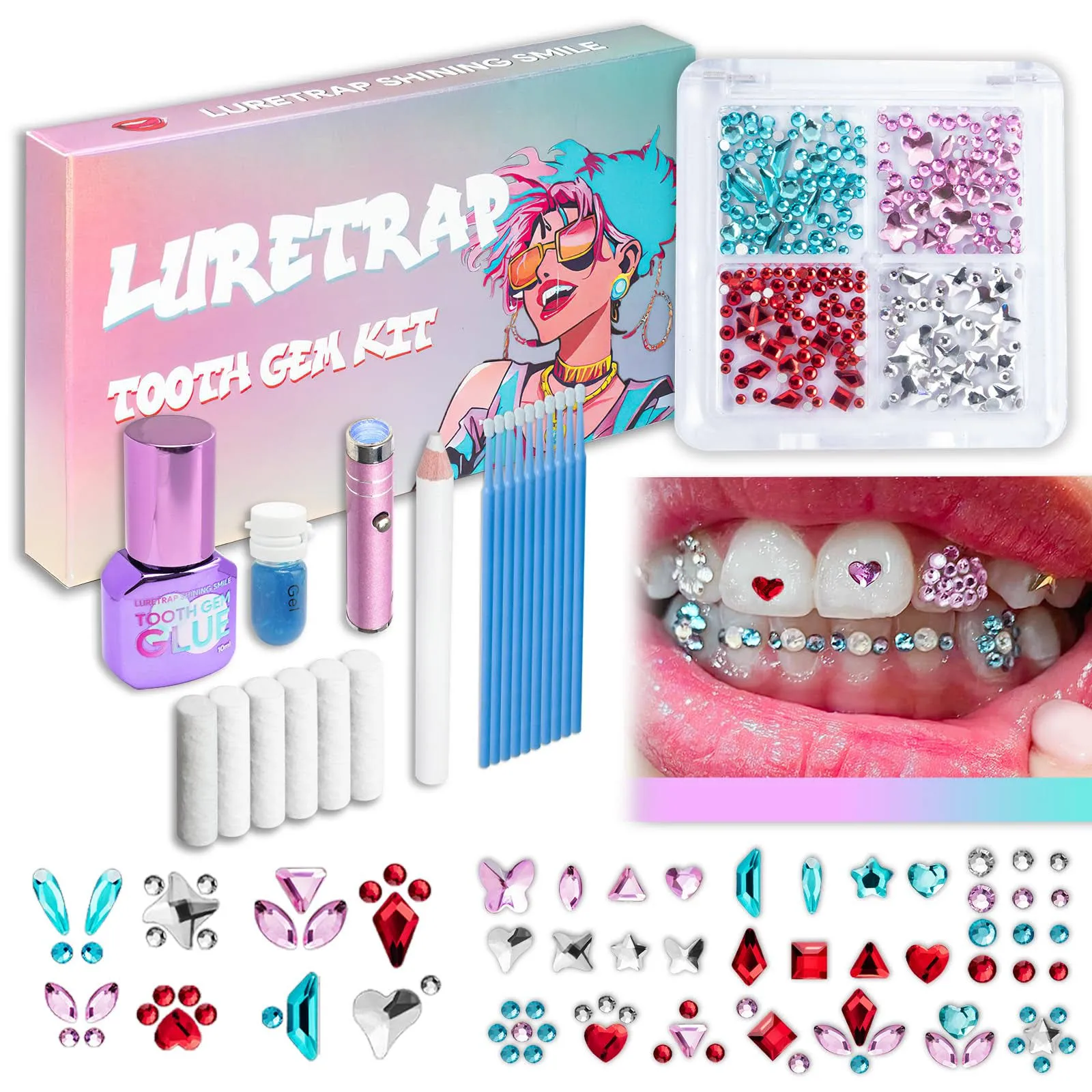 Luretrap DIY Tooth Gem Kit with GIue,200 Pieces Crystals,Crystal GIue Jewelry ...