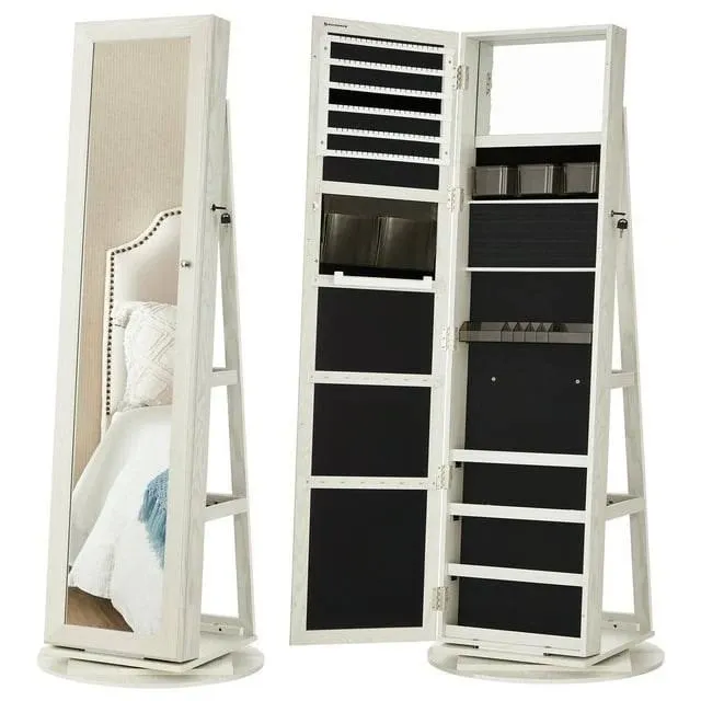 SONGMICS Mirror Jewelry Cabinet 360 Rotating Jewelry Armoire Storage Box with Full Length Mirror Jewelry Organizer White