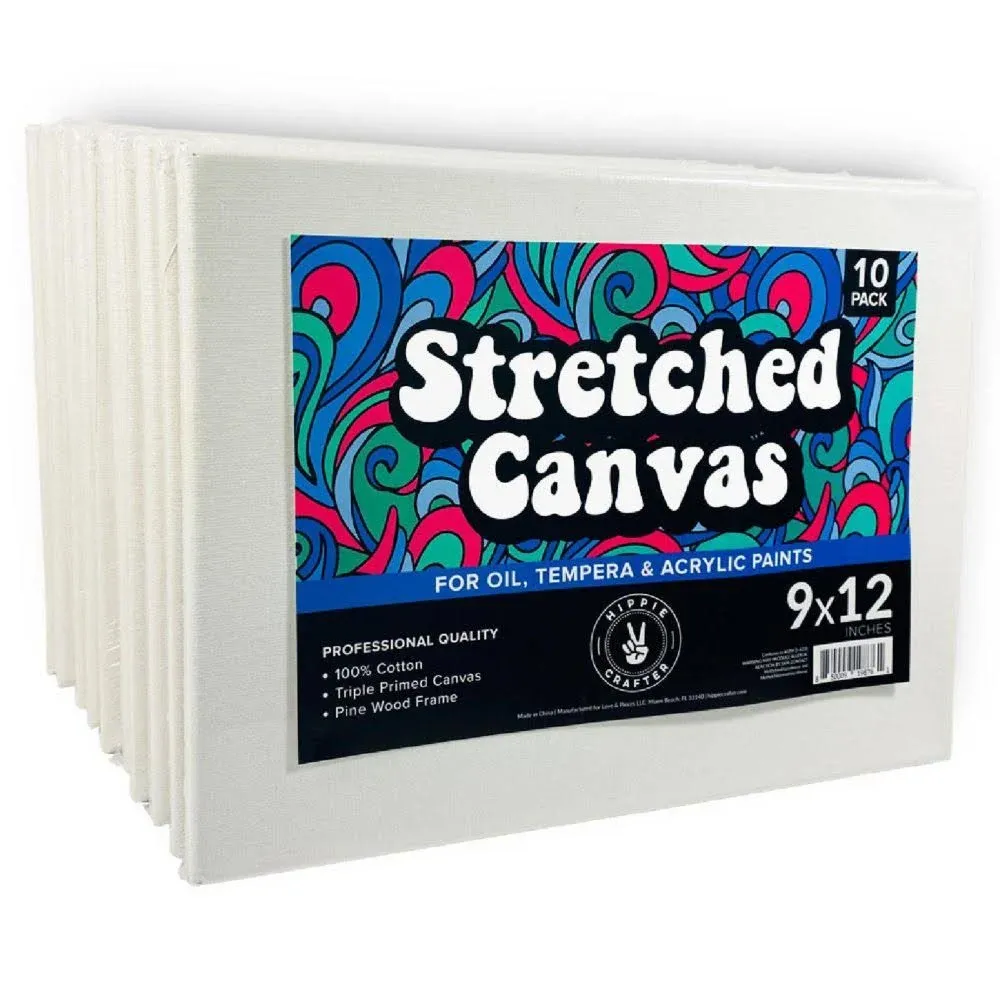 Hippie Crafter 10 Pack Stretched Canvas for Painting 9x12 Blank Art Canvases for ...