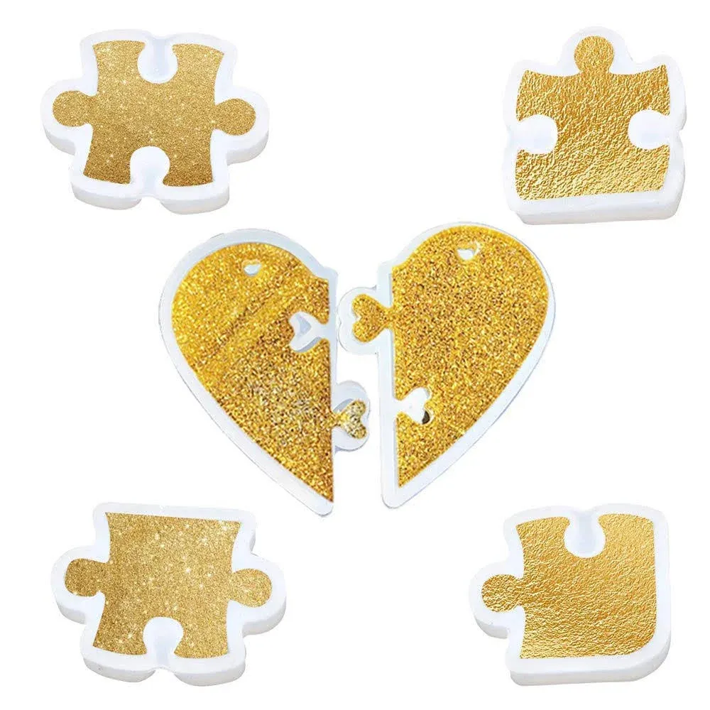 5Pcs/Set Puzzle Piece Silicone Resin Molds, Mini Heart Shaped Puzzle Silicone Epoxy Resin Jewelry Earring Necklace Pendant Keychain Making Mold DIY Handmade Craft Tools