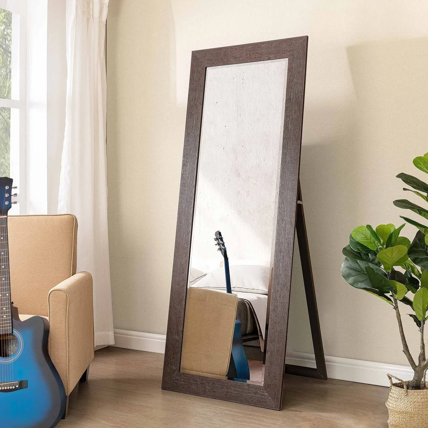 Naomi Home Rustic Floor Mirror Rustic Full Length Mirror Framed Full Length Mirror Farmhouse Full Length Mirror Wood Frame Rectangular Hanging Wall Decor Faux Wood Floor Mirror, Warm Gray, 66"x32"