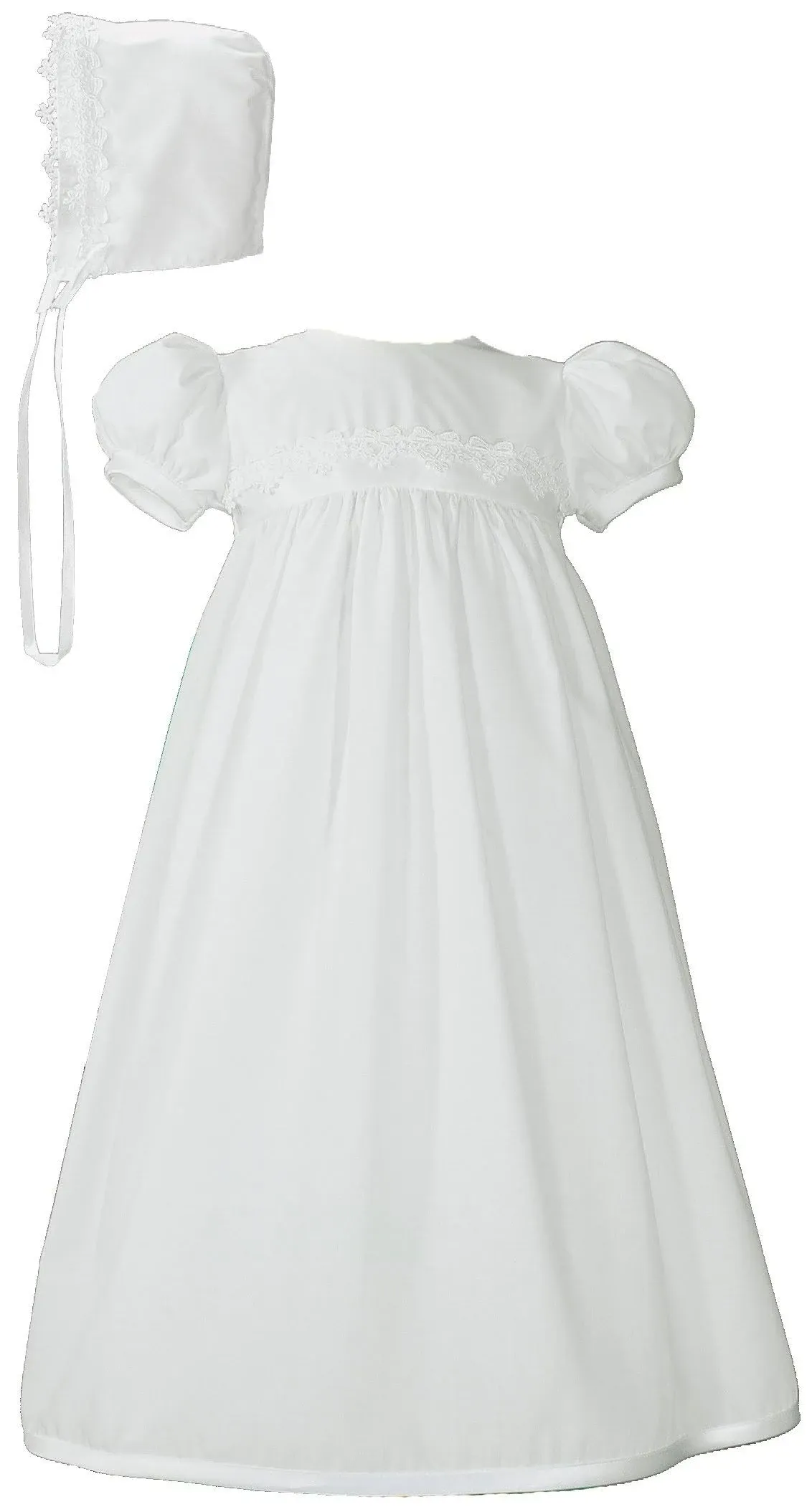 Girls 24" Poly Cotton Teardrop Lace Christening Baptism Gown with Bonnet