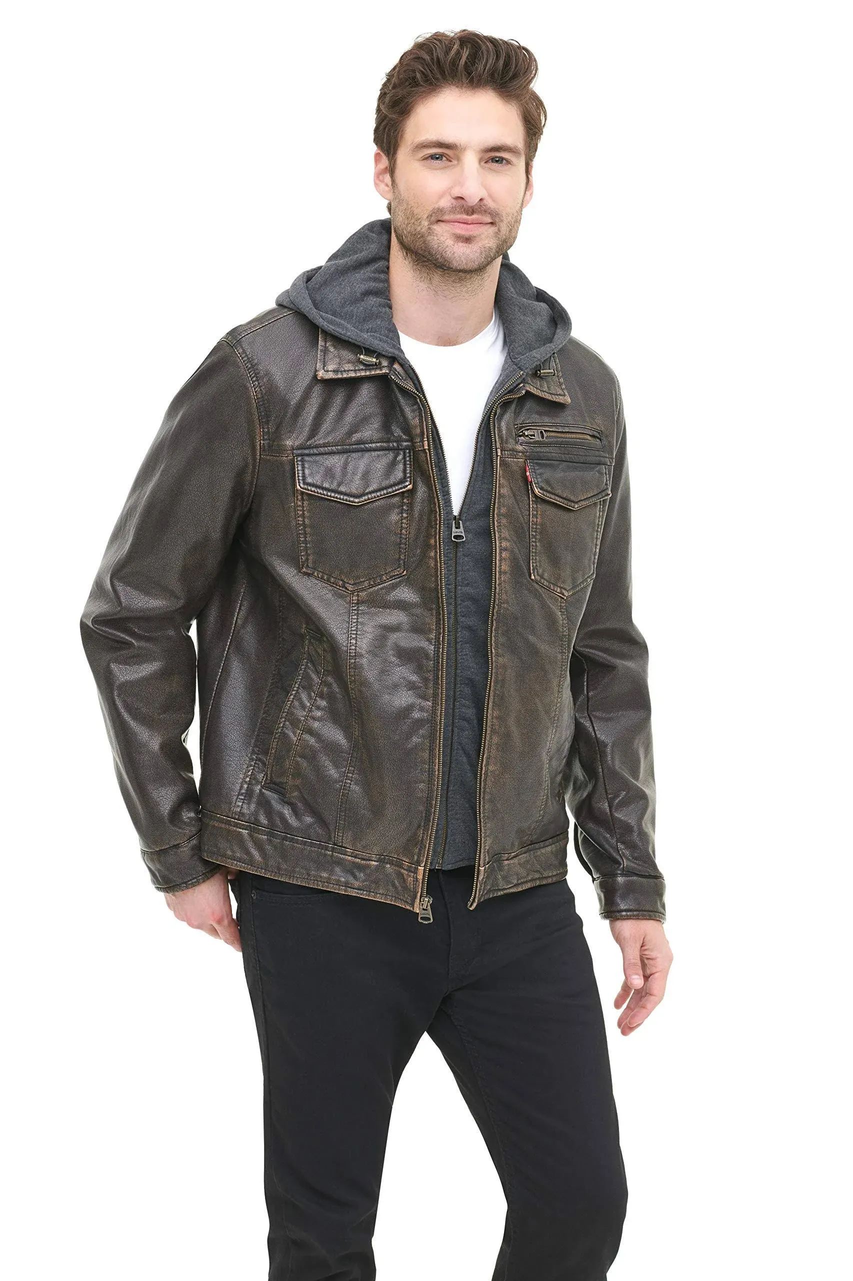 Levi's Men's Faux Leather Hooded Trucker Jacket