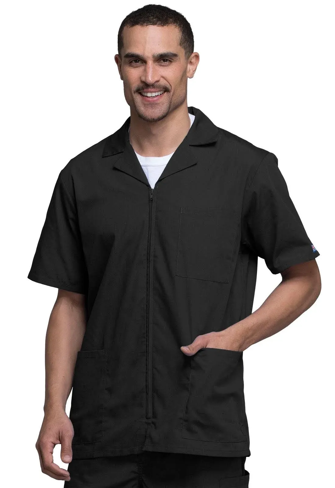 Cherokee Embroidered Black Men&#x27;s Zip Up XL 3 Pocket Scrub Shirt