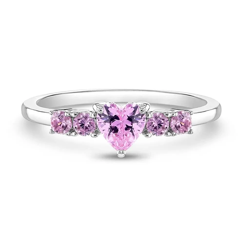 925 Sterling Silver Girl's Size 2 Shiny Pink Round & Heart Cubic Zirconia Ring ...