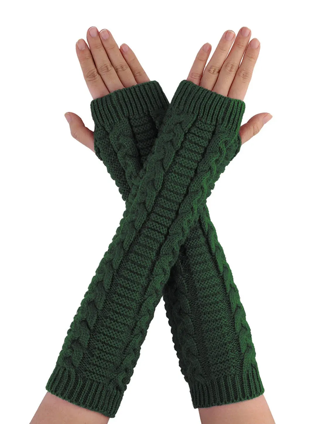 Women Christmas Fingerless Thumbhole Elbow Length Knitted Gloves Arm Warmer