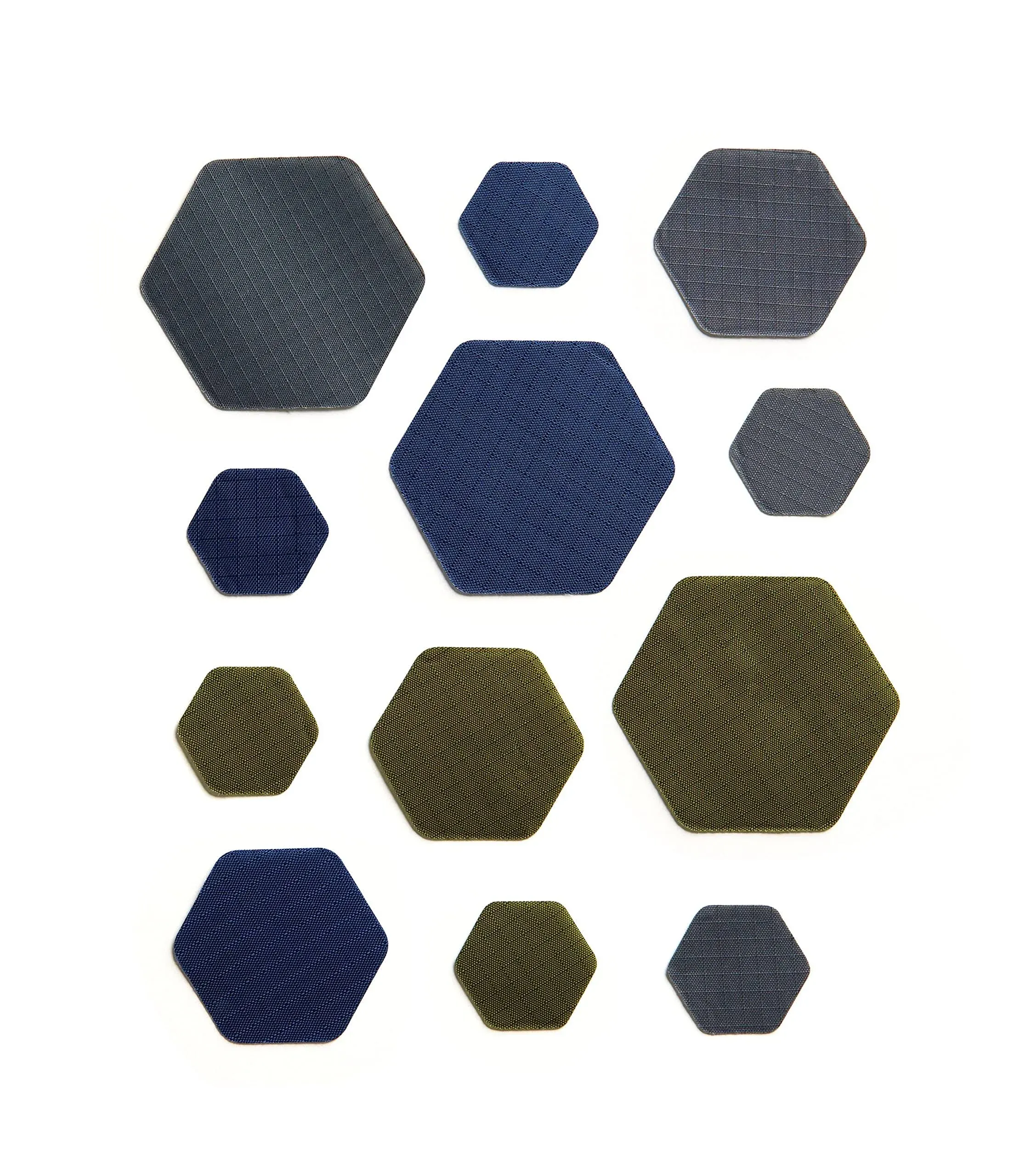 HEX Triple - Three Colour Kits - Hexagonal Down Jacket Self-Adhesive Repair Patches (Olive Green, Dark Gray and Dark Blue)