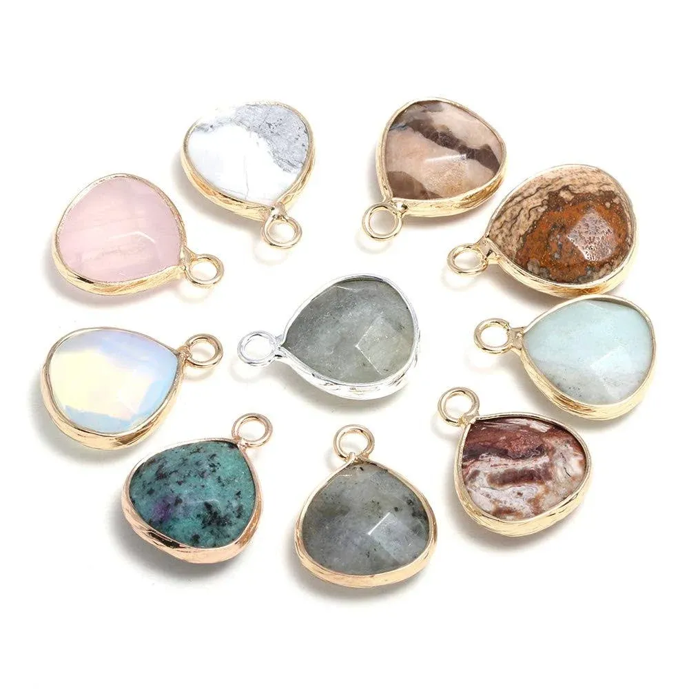 10 Pcs Natural Stone Pendants Waterdrop Shape Crystal Agate Charms Gold-Plated Findings for Jewelry Making DIY