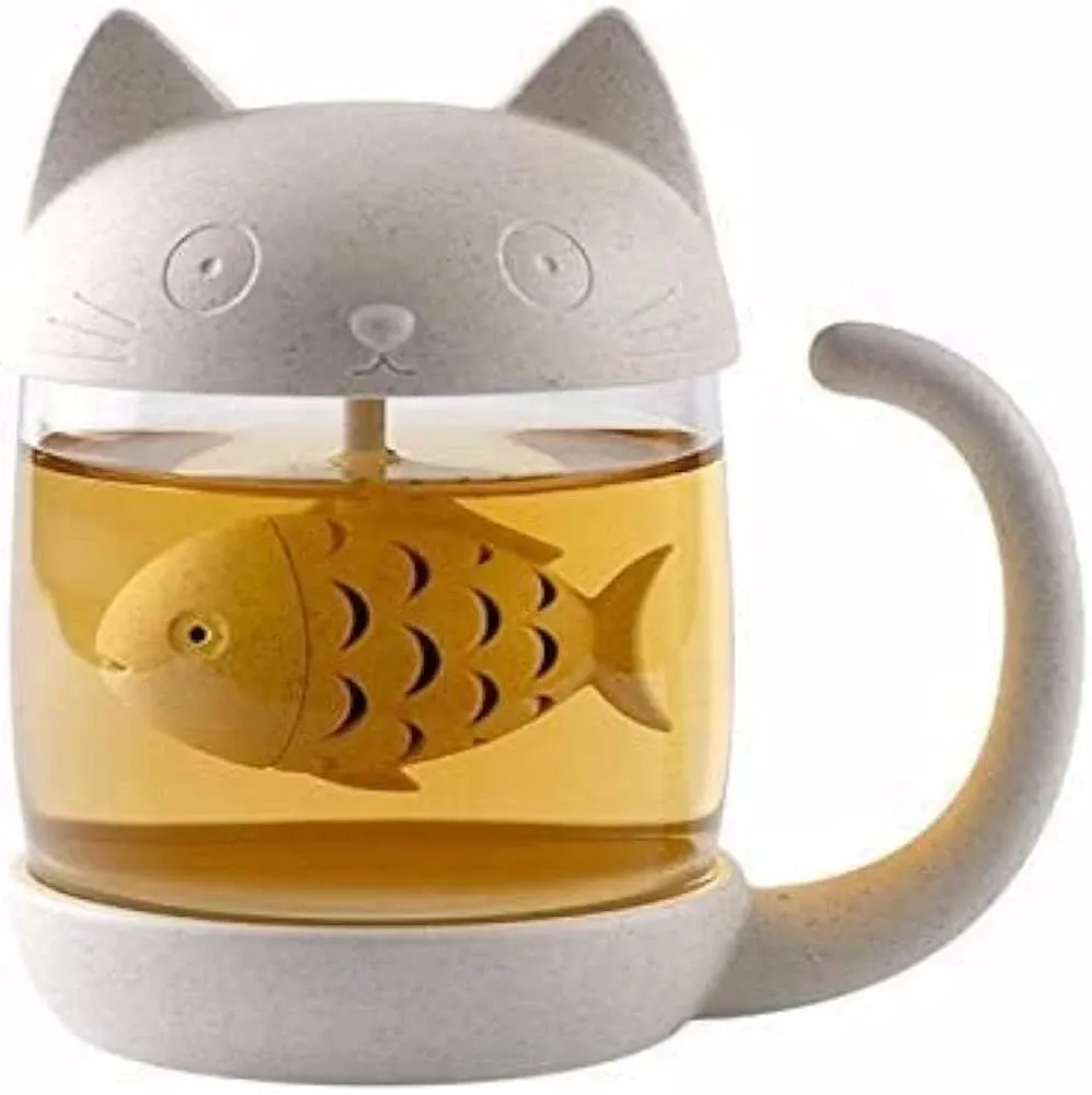 EUROPRENE Cute Cat Infuser Tea Mug with Built-In Fish Shaped Loose Leaf Infusion Filter Basket – 8.5oz Eco-Friendly Novelty Kitty Steeper Cup Accessories Gift Set for Animal Lovers