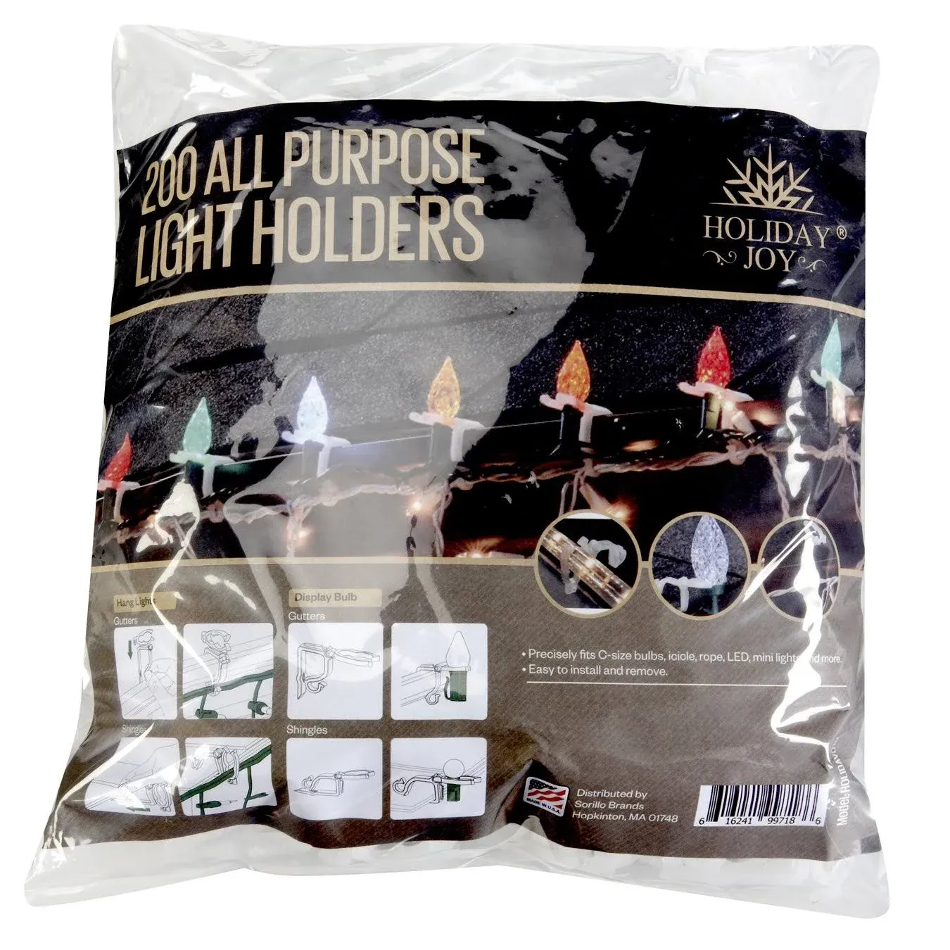 Holiday Joy Christmas Light Clips - Pack of 200 Clear, All-Purpose Gutter Hooks for Outdoor String Lights and Decorations﻿