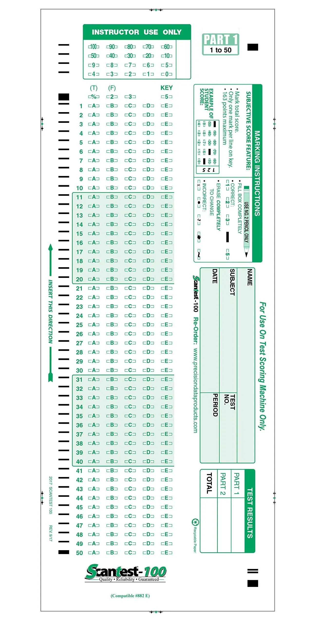 SCANTEST-100, 882-E Compatible Answer Sheet 100 Pack