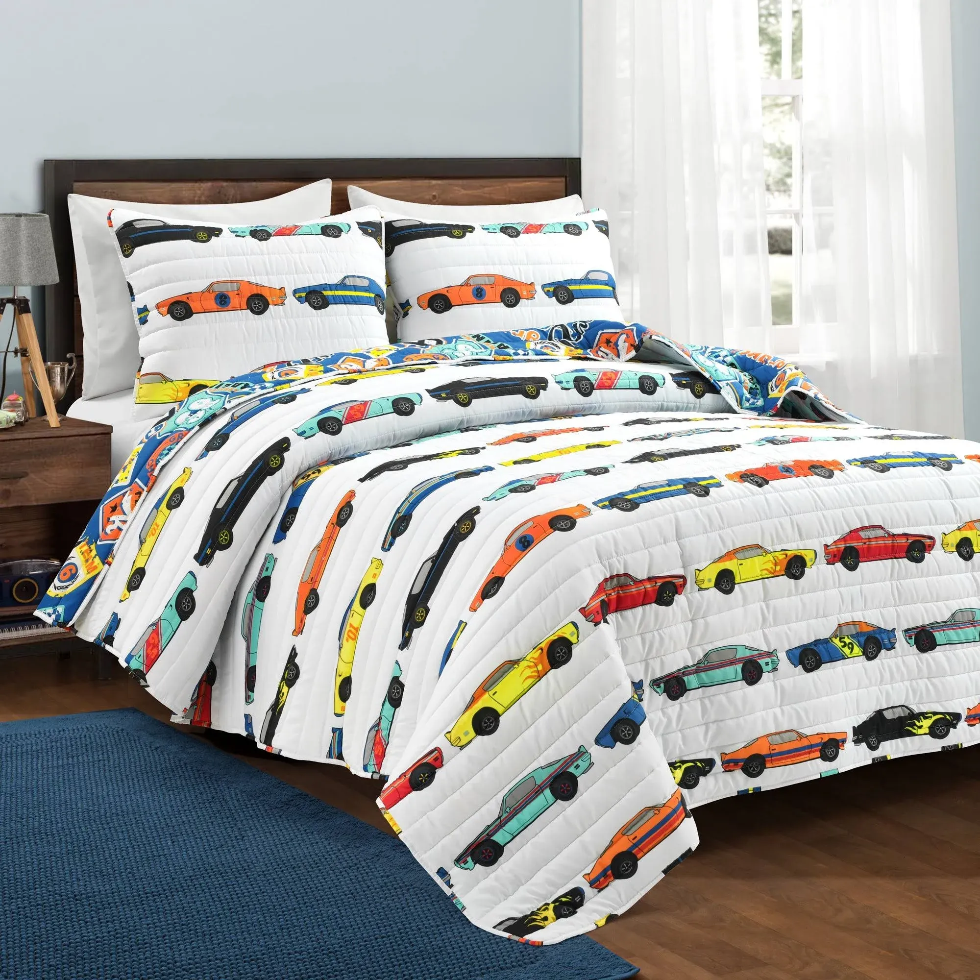 Race Car Kids&#039; 3-Piece Quilt Bed Set, Reversible Bedding Set for Boys, White,...