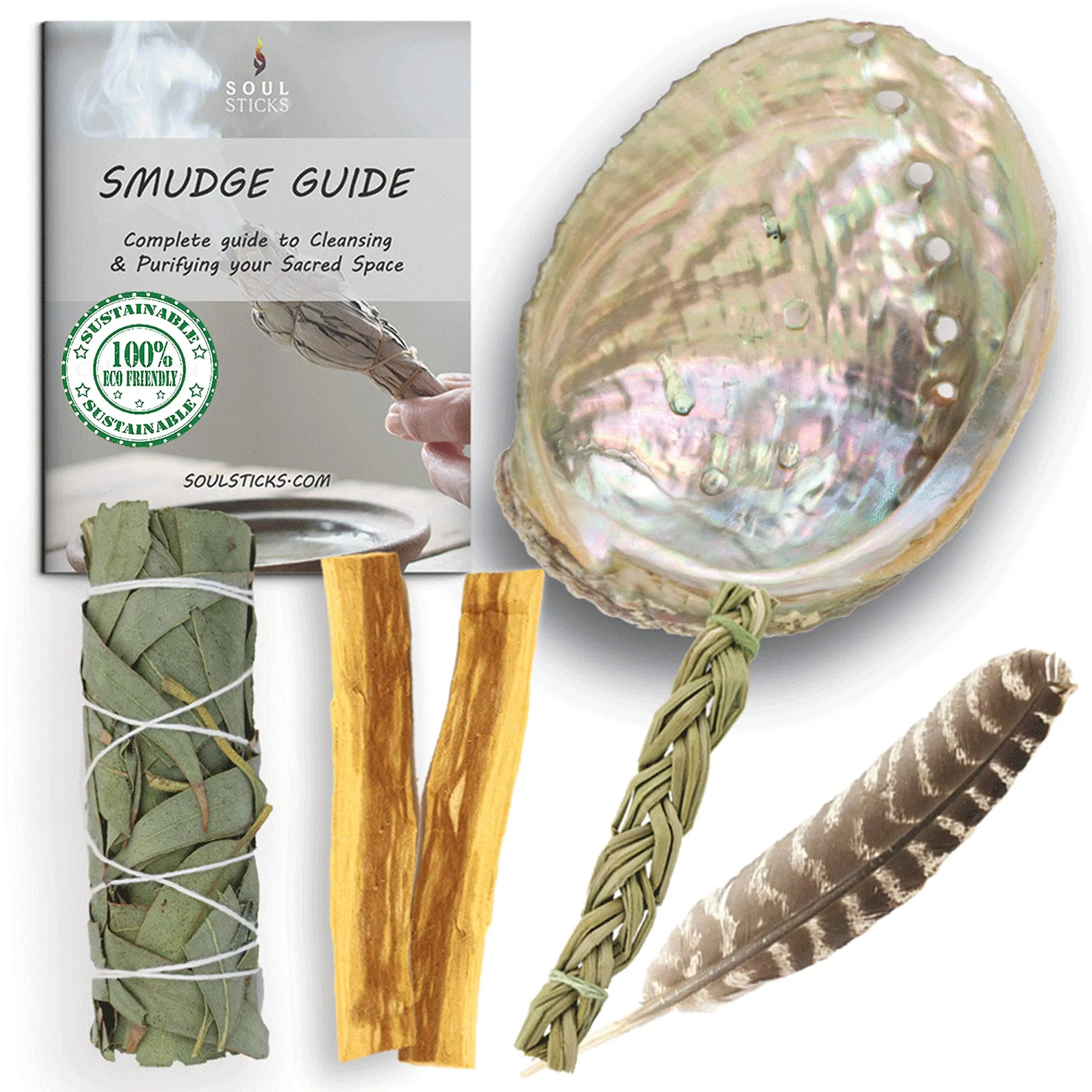 Cleansing Sage Smudge Kit  Eucalyptus Smudge Stick, Sweetgrass Braid, 2 Palo Santo Sticks, Abalone Shell, & Feather Smudging Kit for Meditation, Yoga, Reiki, Home Cleansing