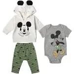 Disney Classics Winnie the Pooh Mickey Mouse Baby Hoodie Bodysuit and Pants 3 Piece Outfit Set (Newborn - 24 Months)